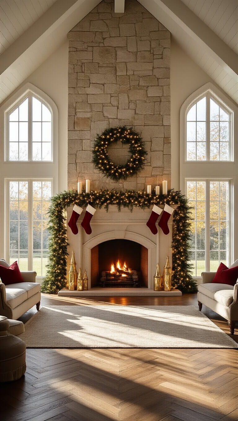 Cozy cathedral-ceiling living room with limestone fireplace, festive garland, candles, brass reindeer, and crimson stockings at golden hour.