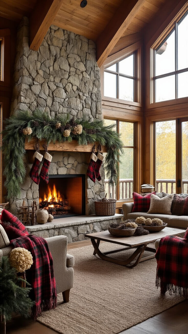 Rustic mountain lodge great room with stone fireplace, natural pine garland, vintage sleds, plaid stockings, and warm sunset lighting.