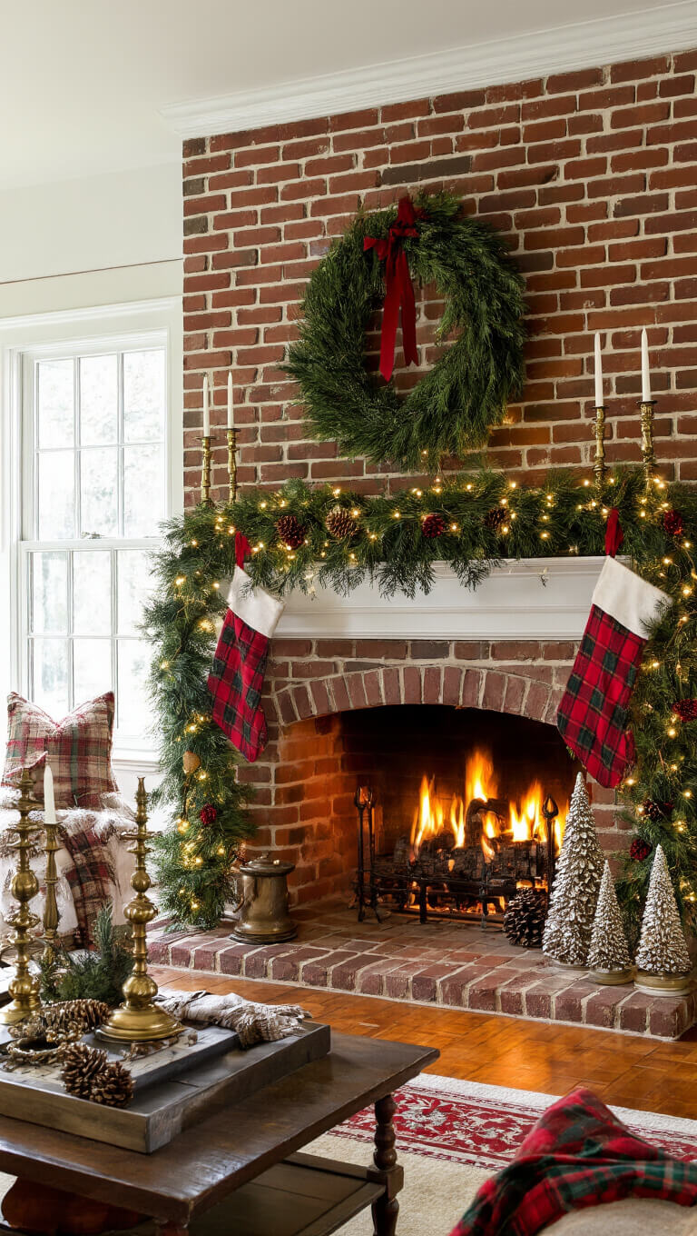 Colonial family room with brick fireplace, pine garland, red ribbons, plaid stockings, and vintage holiday decor in warm afternoon sunlight.