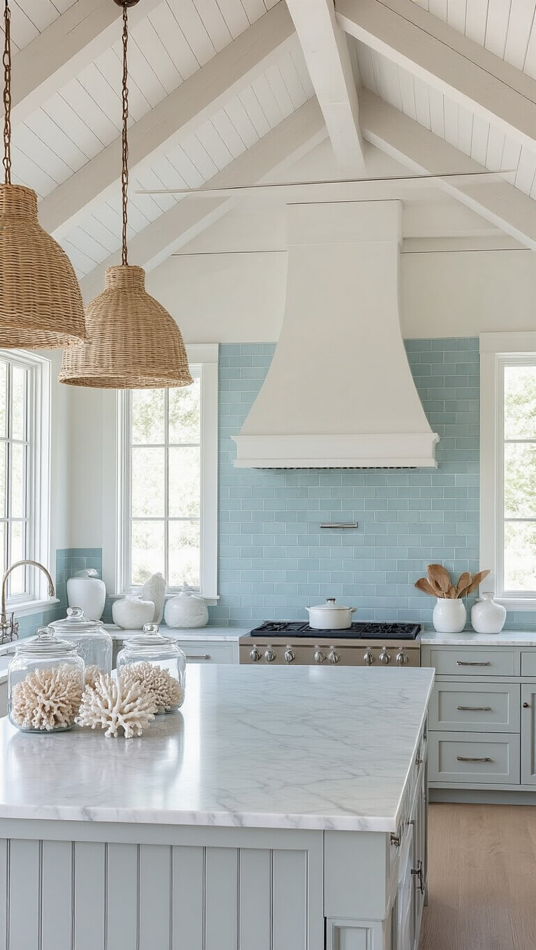 Coastal-style 16x14ft kitchen with light gray beadboard cabinets, vaulted ceiling with white wooden beams, Carrara marble counters, pale blue subway tile backsplash, and rattan pendant lights.