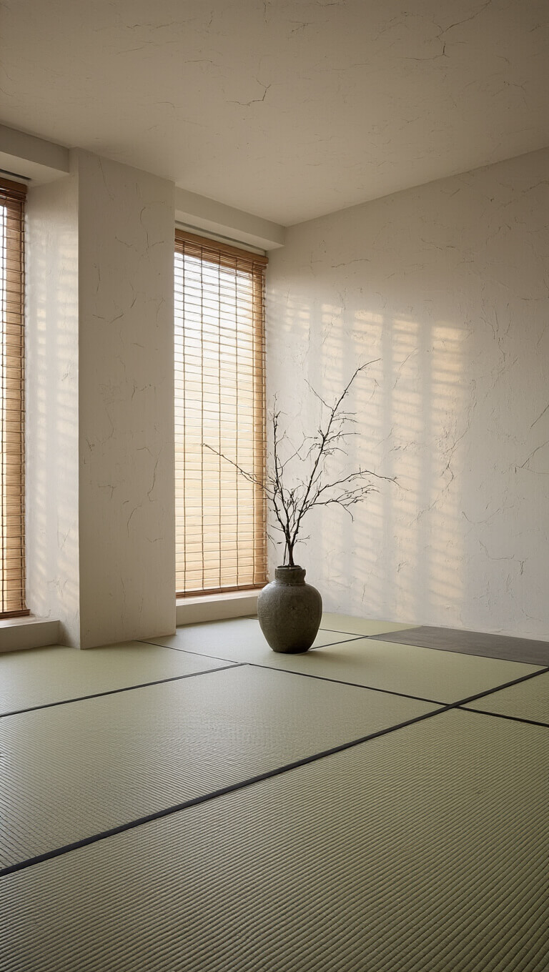 Minimalist meditation room at dawn with tatami mats, asymmetrical ikebana in cracked ceramic vase, textured plaster walls, and soft light through bamboo blinds.
