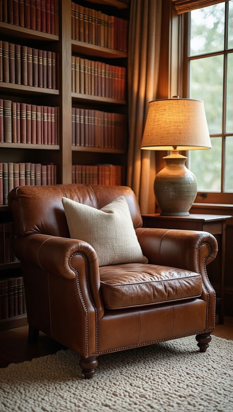 Cozy 8x10' reading nook at golden hour with worn vintage leather chair, tall bookshelf of weathered books, aged wool rug, and ceramic lamp casting warm light.