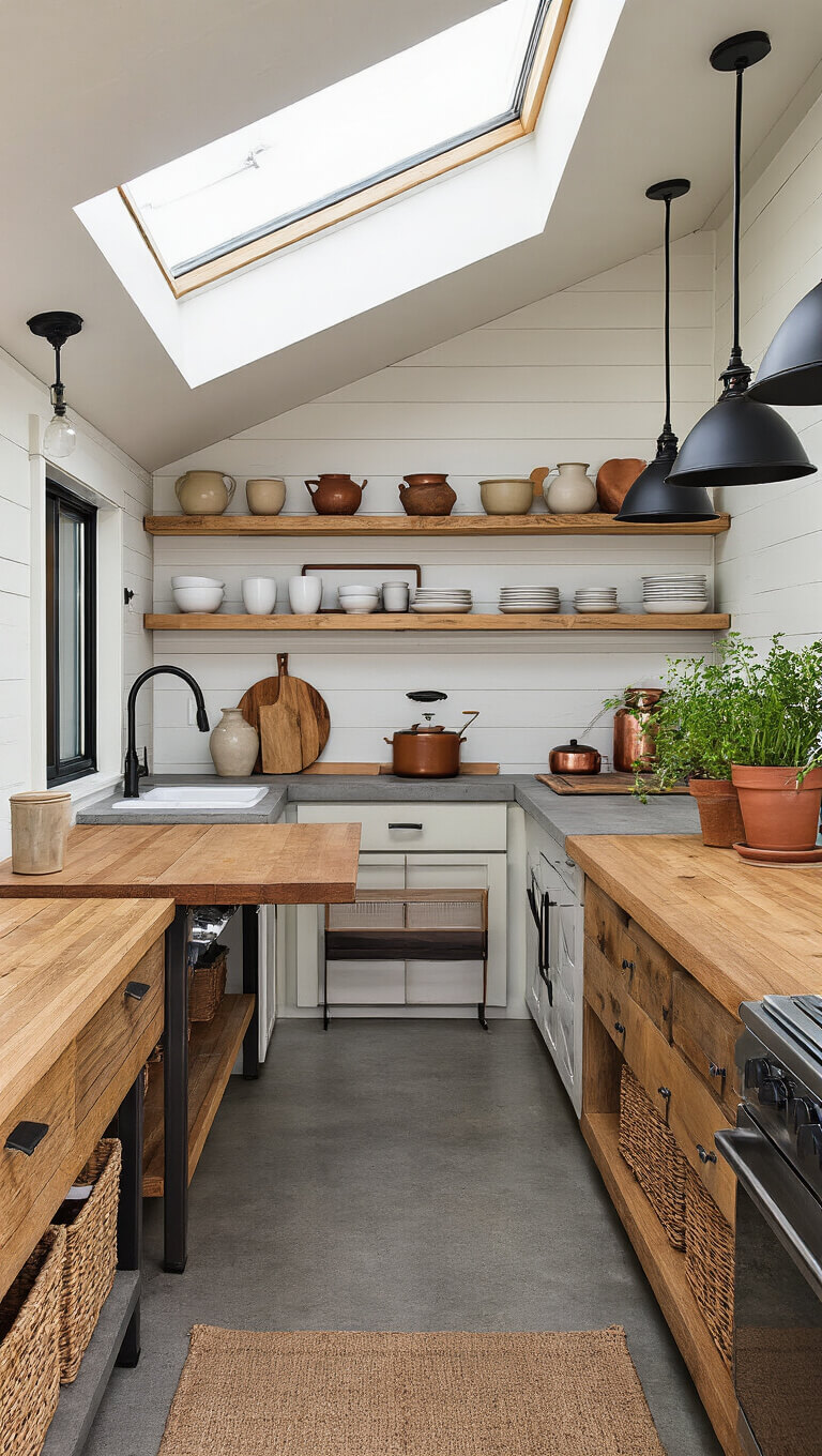 Compact 8x10ft cabin kitchenette with skylight lighting open shelving of ceramics and copperware, reclaimed wood counters, fold-down dining table, and industrial black pendant lights.