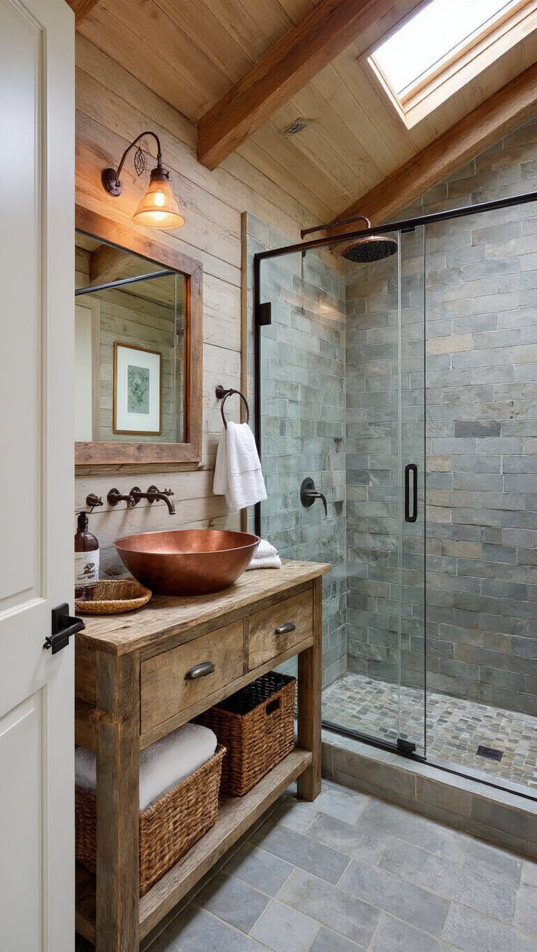 Rustic 10x12ft cabin bathroom with morning light, featuring skylights, reclaimed wood vanity with copper sink, corner glass shower, stone tile floor, and warm natural accents.