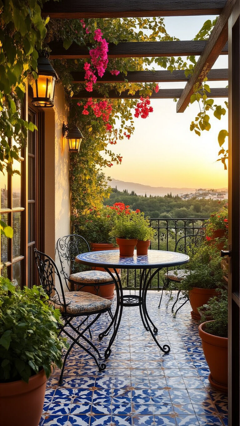 Mediterranean-style balcony at sunset with wrought iron bistro set, terracotta pots of bougainvillea and herbs, wooden pergola with jasmine, and blue-and-white mosaic tiles.