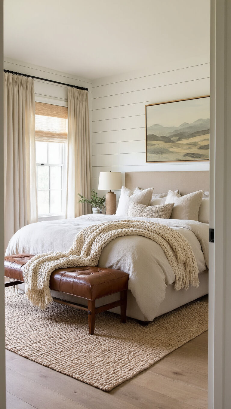 Cozy 12x14ft bedroom with shiplap walls, king bed in rumpled oatmeal linens, vintage leather bench, abstract art above headboard, and soft morning light through gauzy curtains.