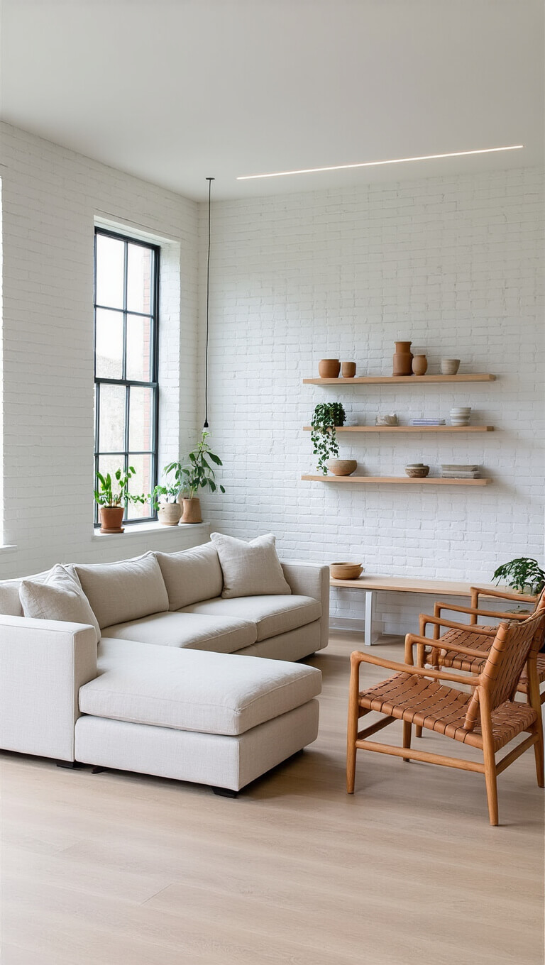 Scandinavian minimal retreat with whitewashed brick walls, light oak flooring, linen sectional, leather accent chairs, and floating shelves in morning light.