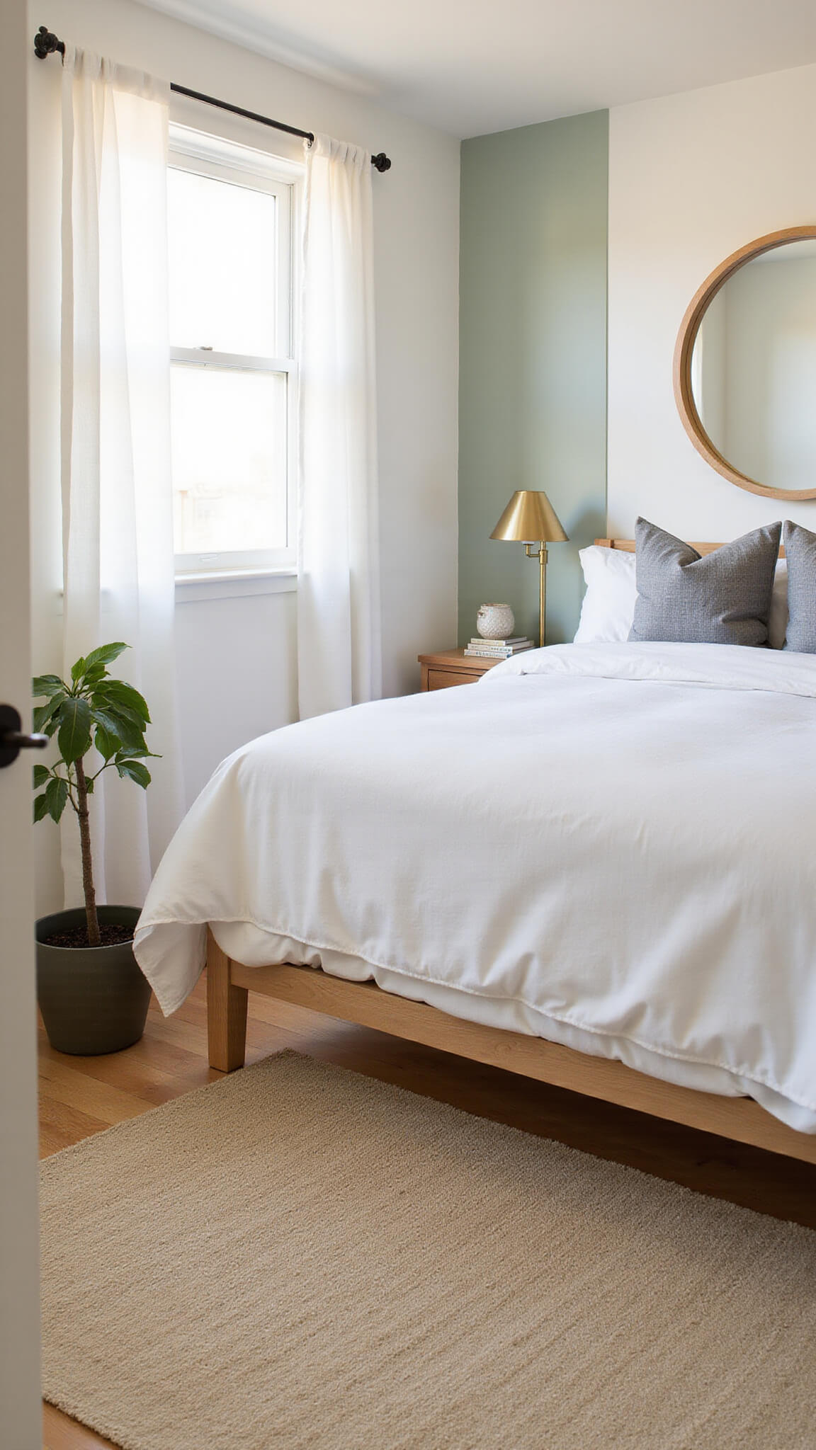 Bright guest room at golden hour with white linens, grey pillows, oak side tables, brass lamps, and a pale sage accent wall.