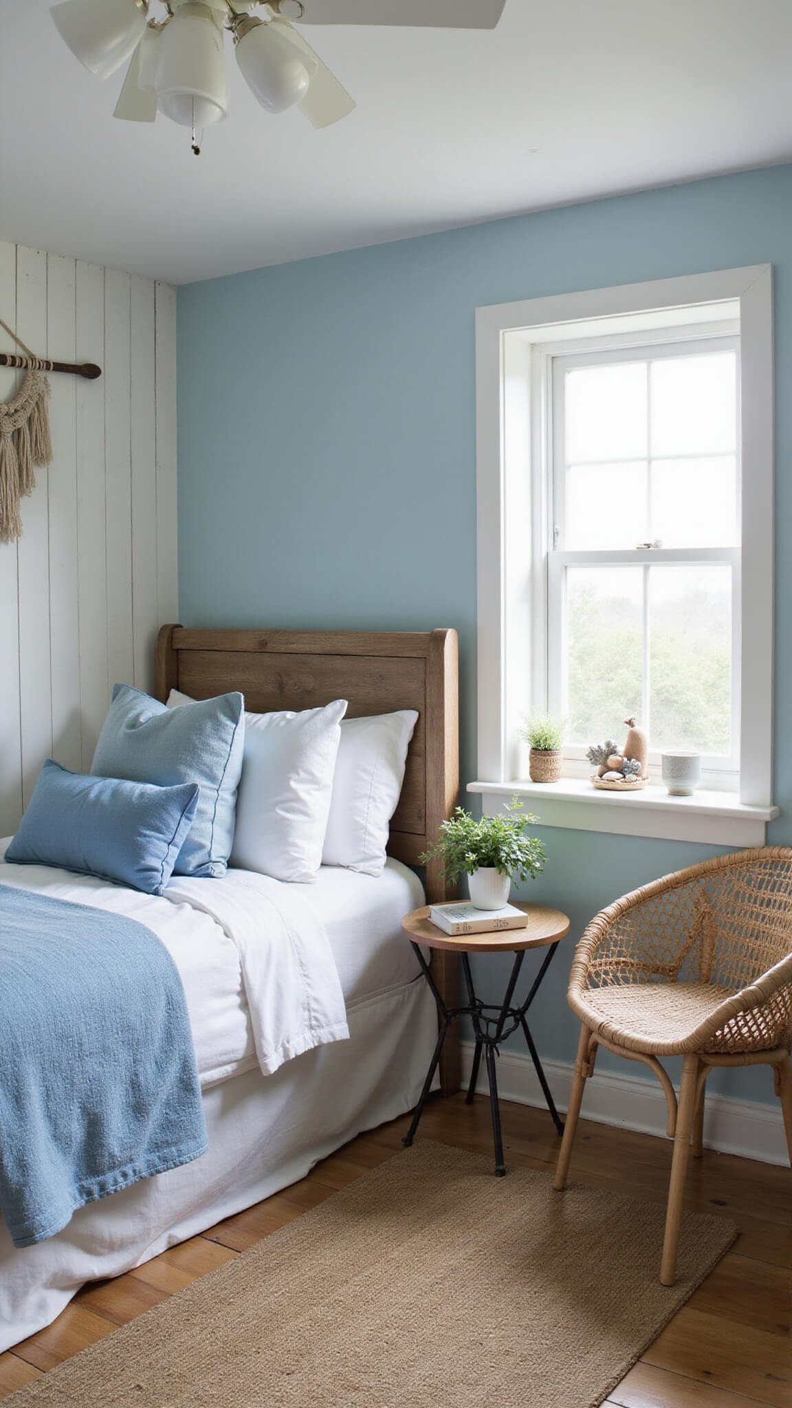 Coastal-inspired guest suite with oceanside blue bedding, whitewashed headboard, beadboard accent wall, jute rug, rattan chair, and sea glass decor styled during morning blue hour.