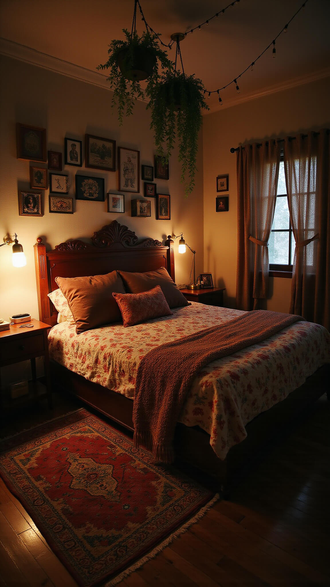 Moody bohemian guest retreat with layered earth-tone textiles on full bed, vintage lighting, hanging plants, and eclectic gallery wall.