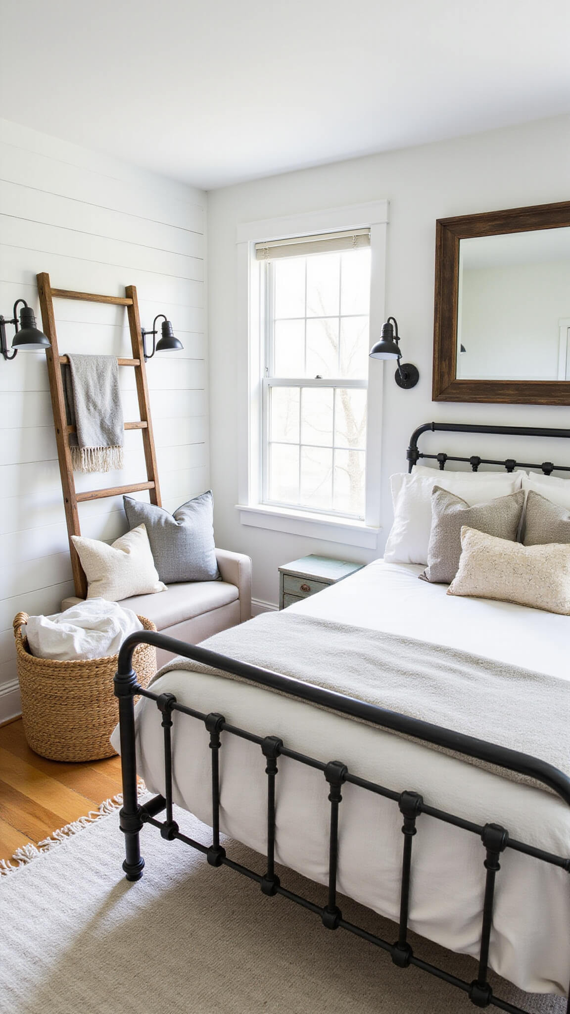 Modern farmhouse guest room with iron-frame queen bed, shiplap chalk white accent wall, vintage ladder blanket rack, industrial black sconces, and seagrass basket under window bench.