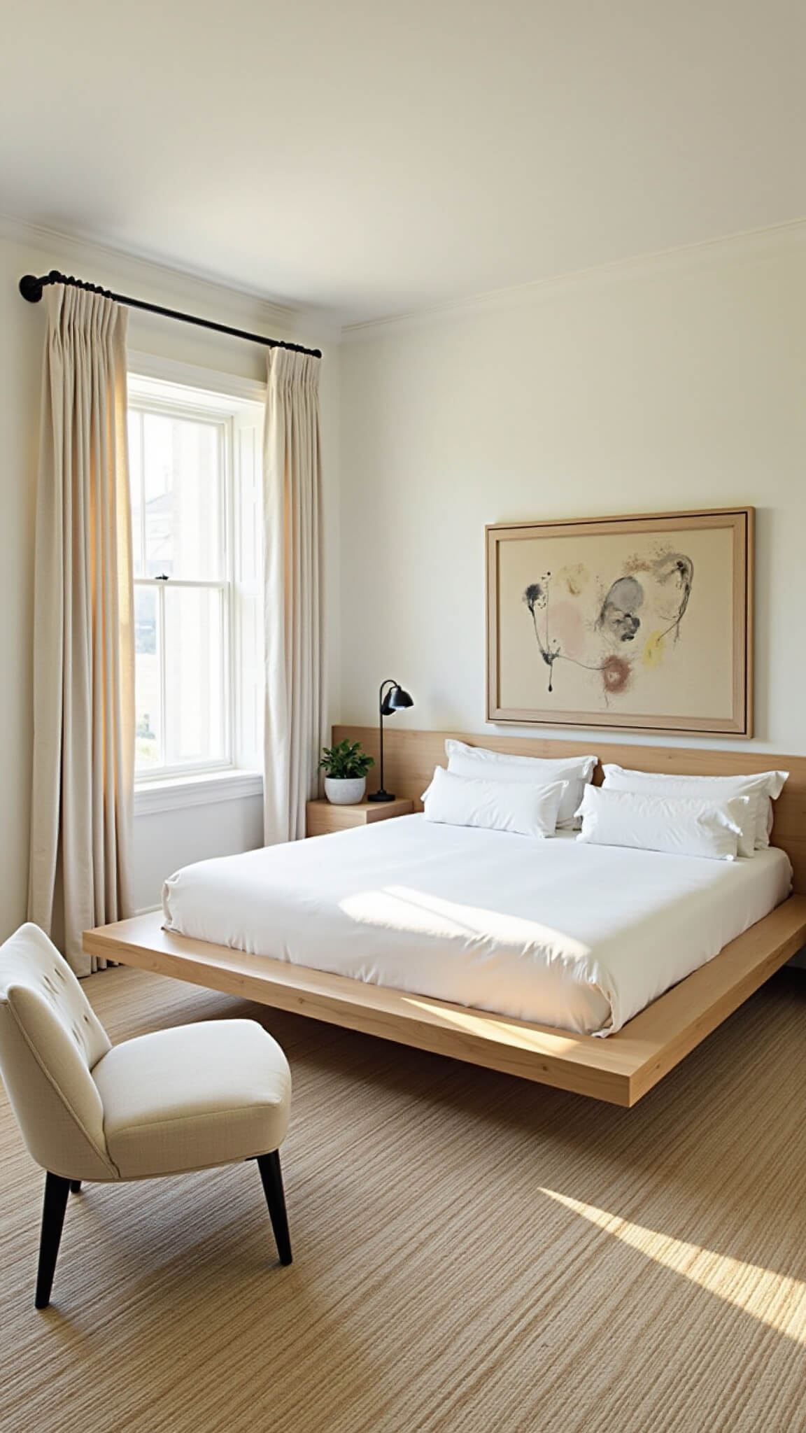 Minimalist 10'x10' guest room with platform bed, floating nightstands, abstract art, and warm neutral tones softly lit during golden hour.
