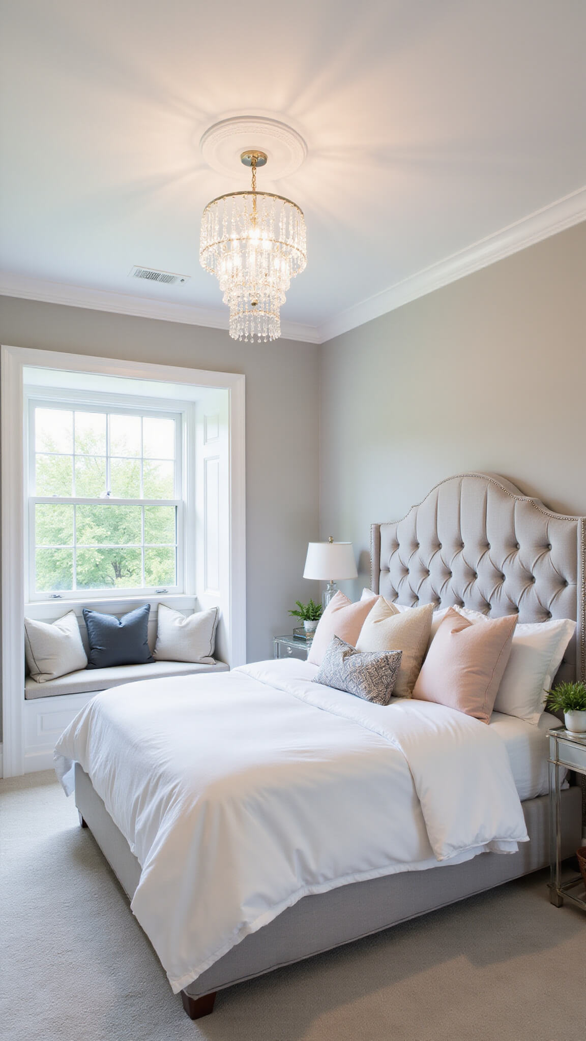Wide-angle view of a transitional guest room with a tufted grey headboard, white and blush bedding, crystal chandelier, built-in window seat with velvet cushions, lucite desk with ghost chair, and Pale Oak walls.