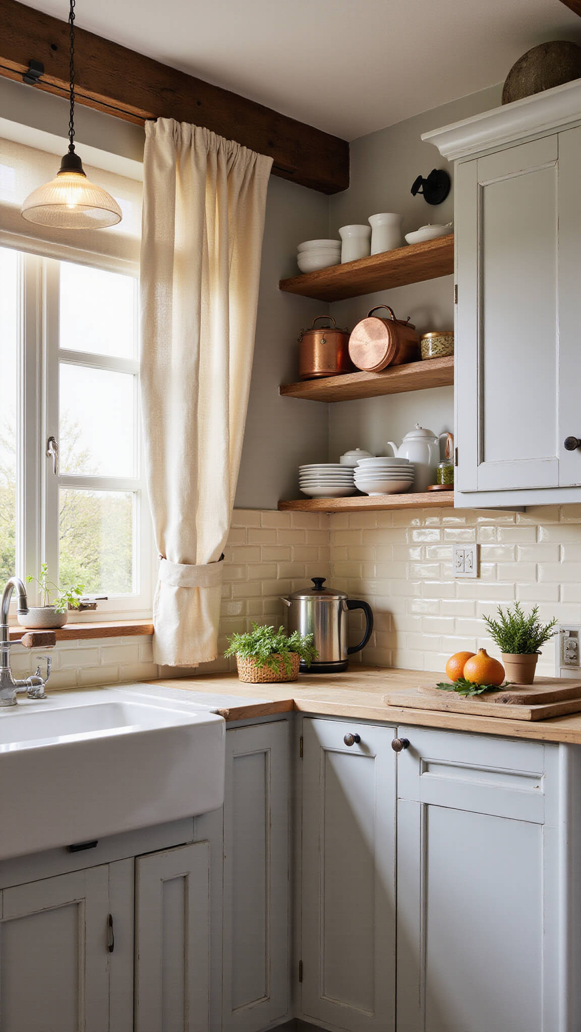 Cozy 10x12ft farmhouse kitchen during golden hour with grey distressed cabinets, cream subway tile, copper pots, open shelving, and sunlit linen café curtains.
