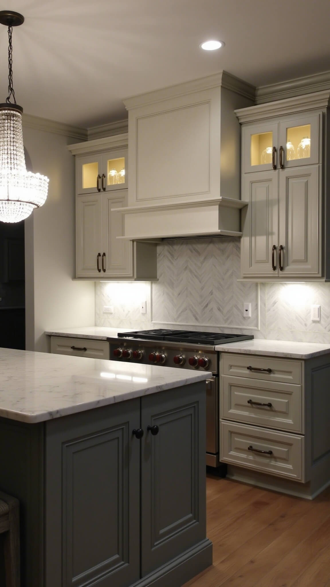 Transitional 13x18ft kitchen at dusk with two-tone grey cabinets, champagne bronze hardware, cream limestone counters, herringbone marble backsplash, and crystal chandelier over island.