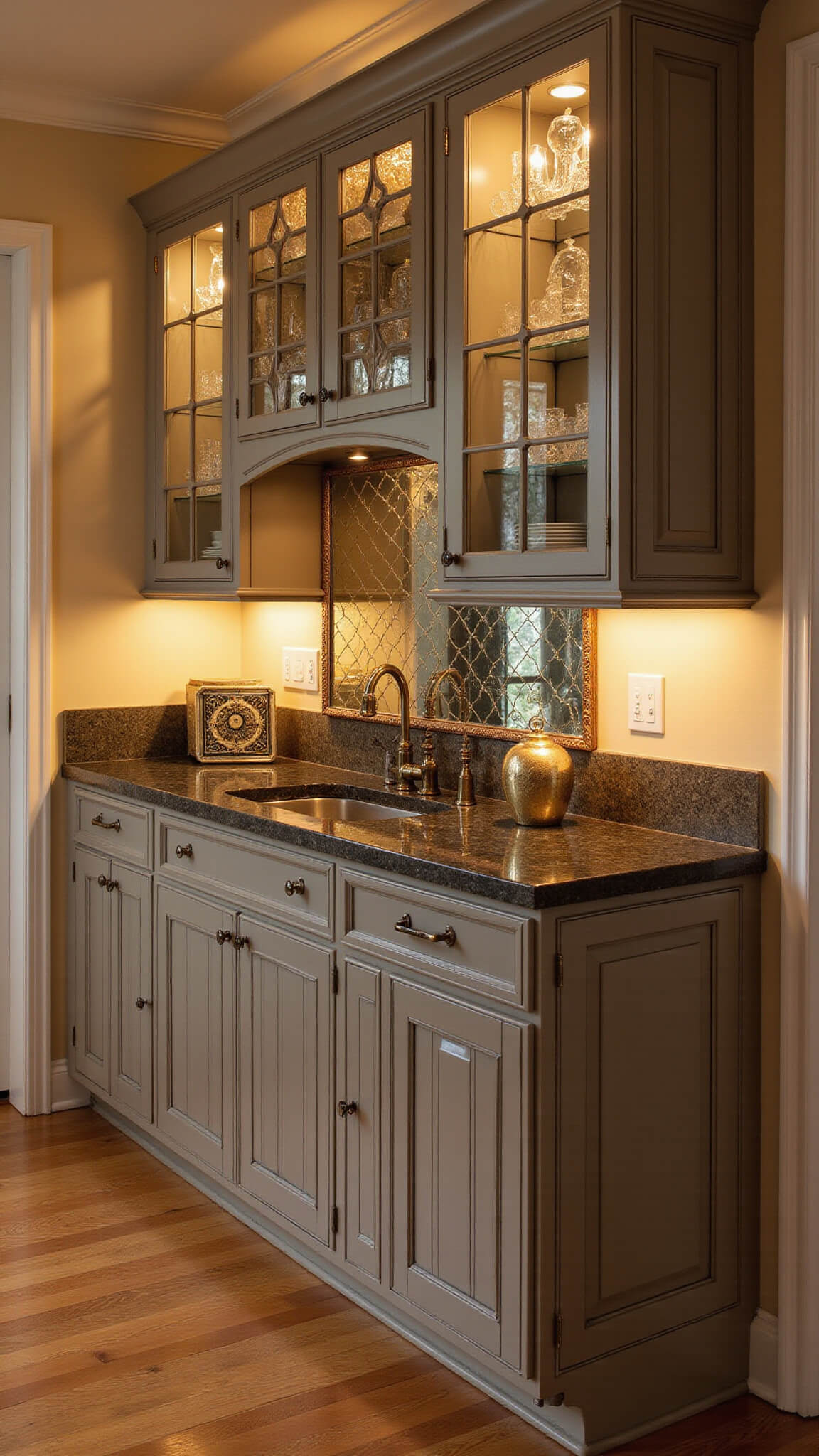 Traditional-modern kitchen with warm grey cabinets, black granite counters, and antique mirror backsplash glowing in golden hour light.