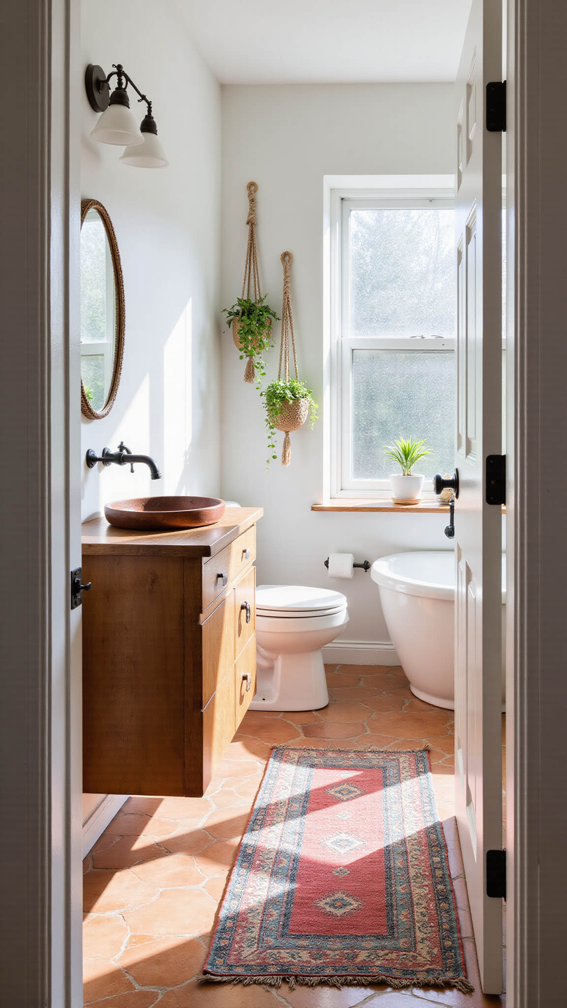 Sunlit 5x7ft bathroom with white walls, vintage coral and turquoise kilim rug, floating wooden vanity with copper sink, rattan mirror, macramé plant hangers, and terracotta tile accents.