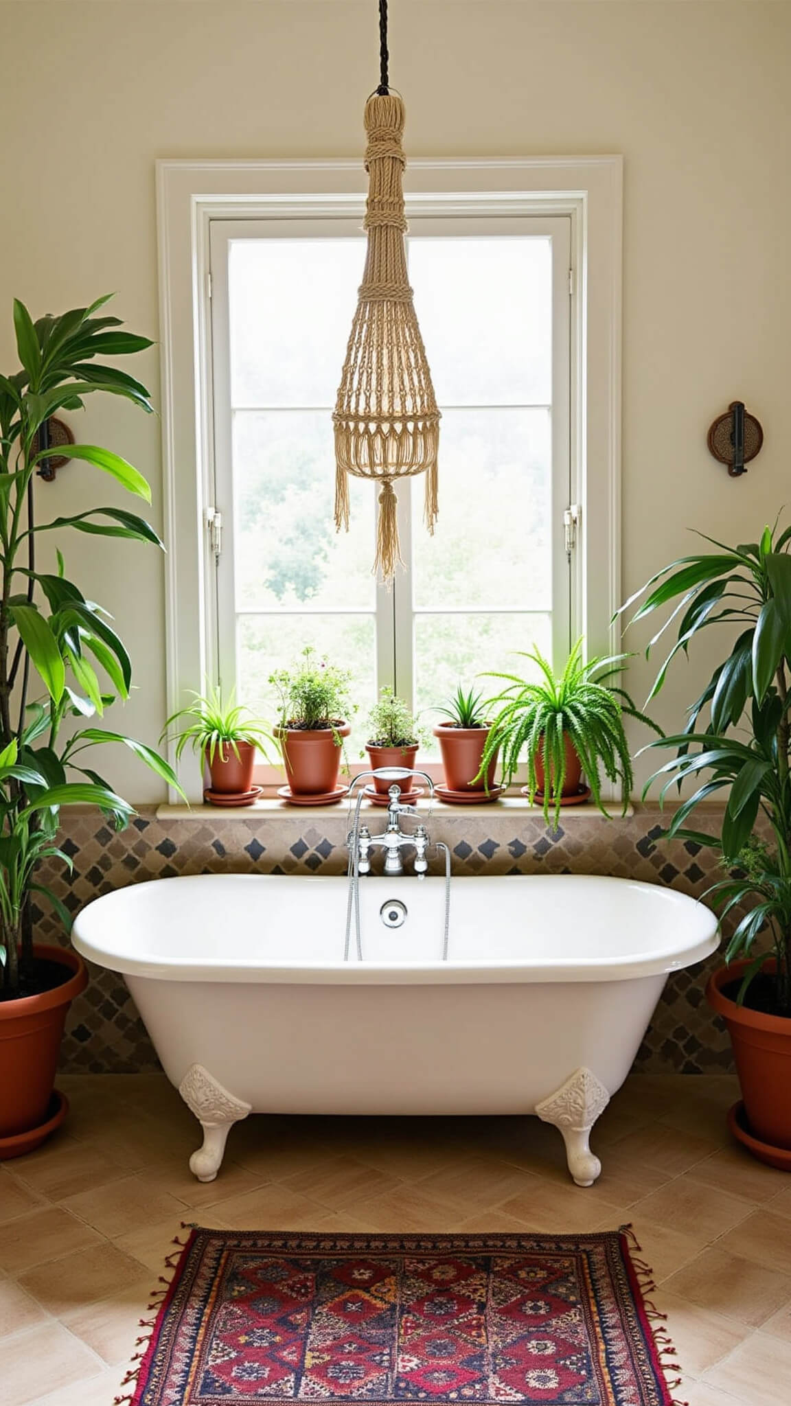 Sunlit bathroom with clawfoot tub under macramé chandelier, surrounded by ferns in terra cotta pots on Moroccan tile floor with vintage kilim bath mat.