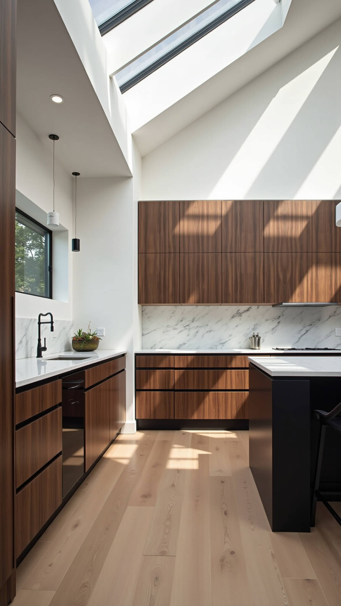 Dramatic walnut and white kitchen with skylights, tall ceilings, black fixtures, and marble backsplash.