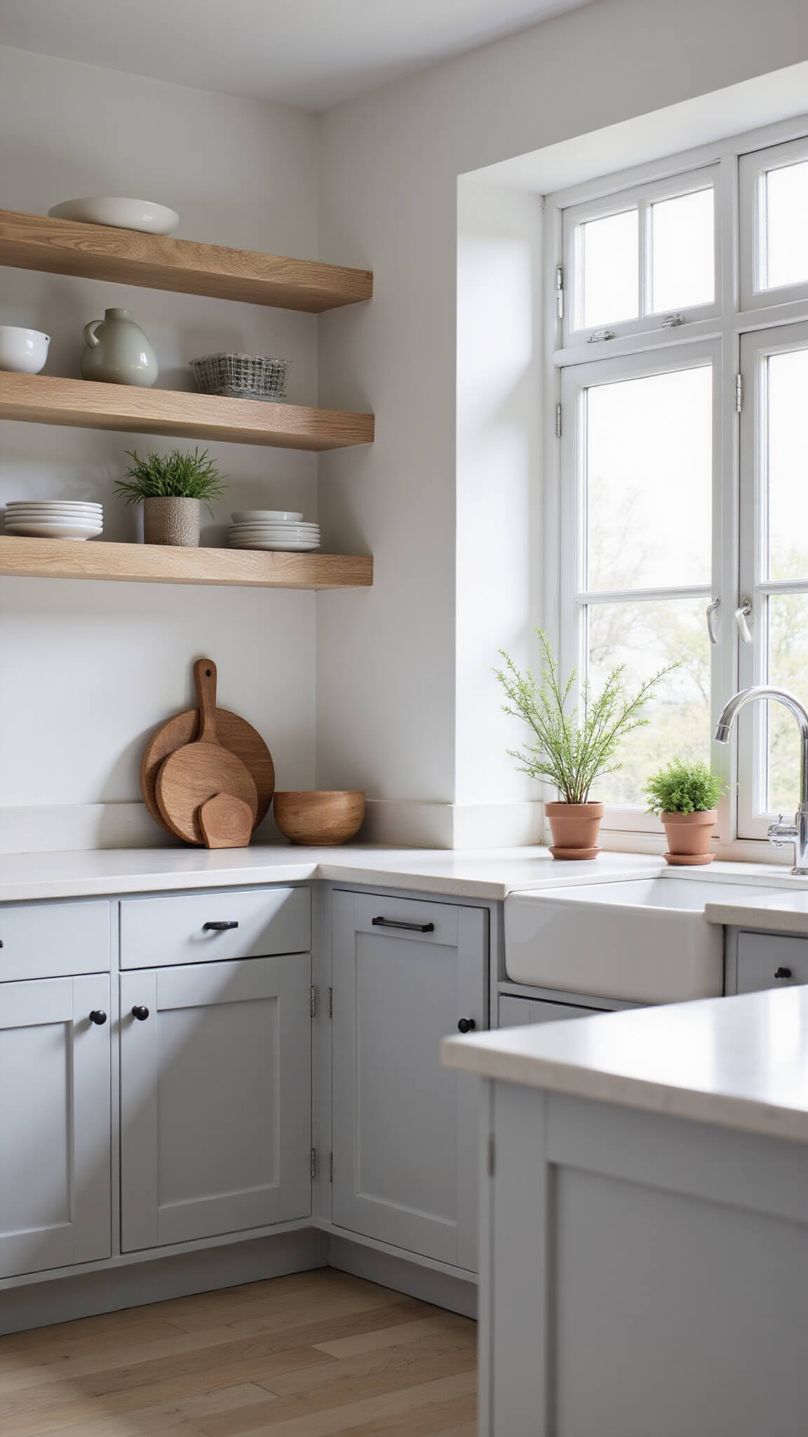 Bright Scandinavian kitchen with pale gray high-gloss cabinets, white countertops, open shelving, and natural morning light highlighting wood and ceramic accents.