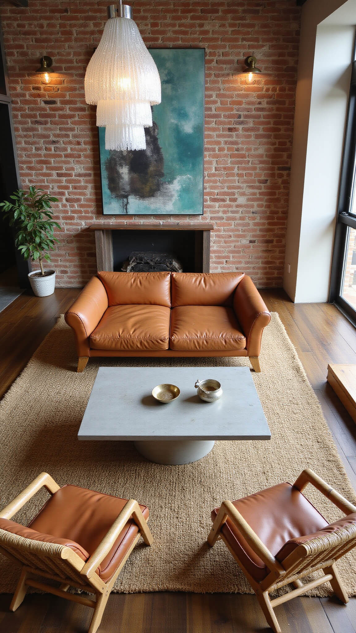 Open-concept living space with exposed brick, restored hardwood floors, Murano glass chandelier, camel leather sectional, vintage rattan chairs, and layered rugs in earthy tones and deep teals.