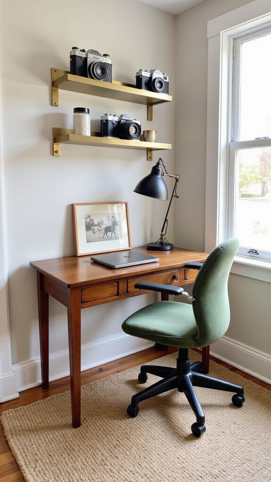 Sunlit home office with 1960s walnut desk, sage green ergonomic chair, brass shelves holding vintage cameras and tech, sisal rug, and industrial pendant light.