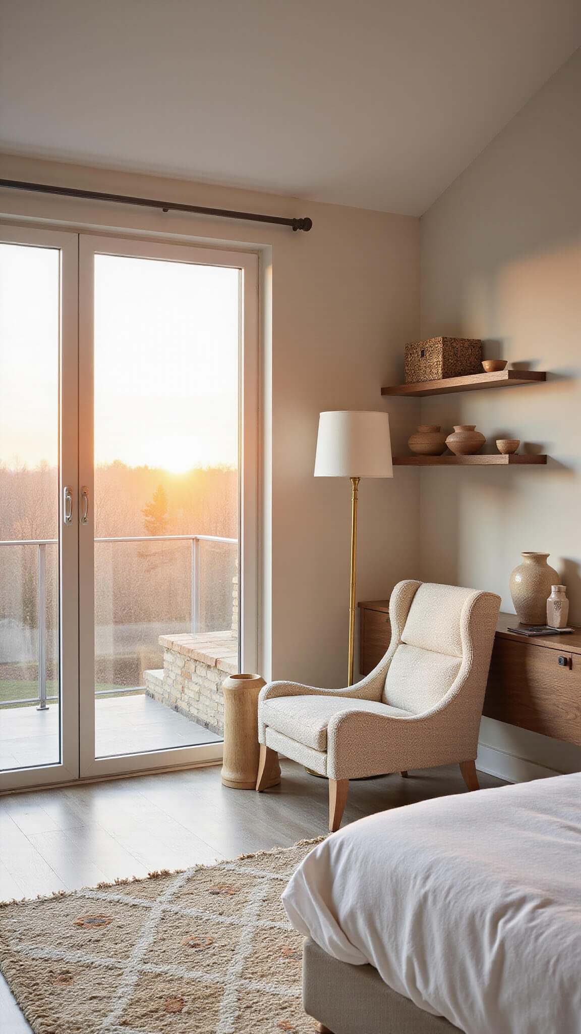 Contemporary bedroom alcove at sunset with floor-to-ceiling windows, modern cream bouclé chair, brass floor lamp, geometric ivory and beige wool rug, and minimalist pottery on floating shelves, bathed in warm golden hour light.