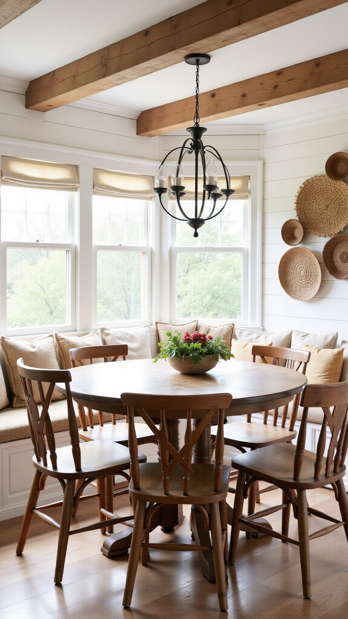 Sunlit breakfast nook with rustic beams, bay windows, farmhouse table, vintage chairs, built-in bench, and woven basket wall decor.
