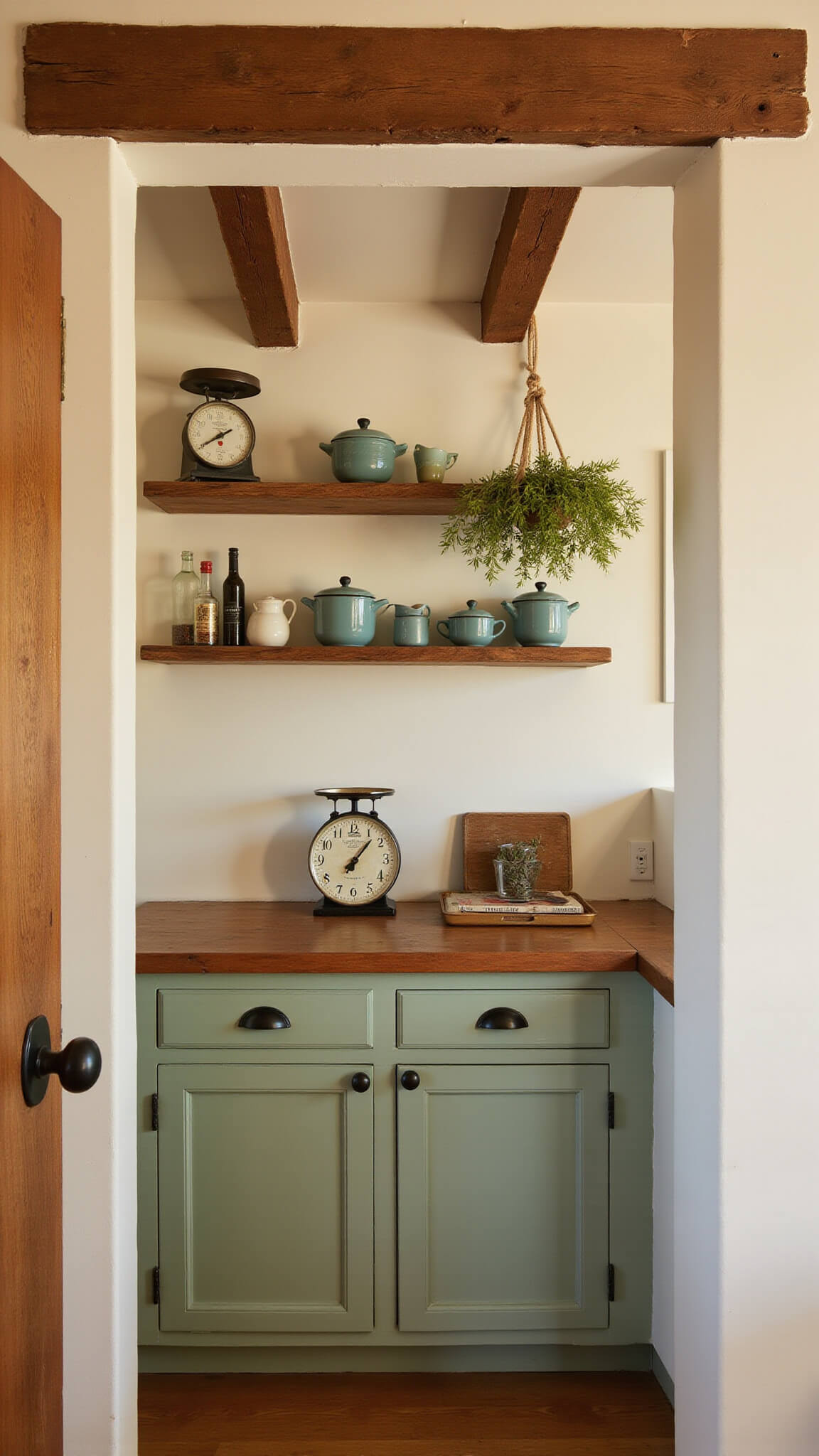 Cozy farmhouse kitchen with sage green Shaker cabinets, butcher block counters, and rustic open shelving, bathed in golden hour light.