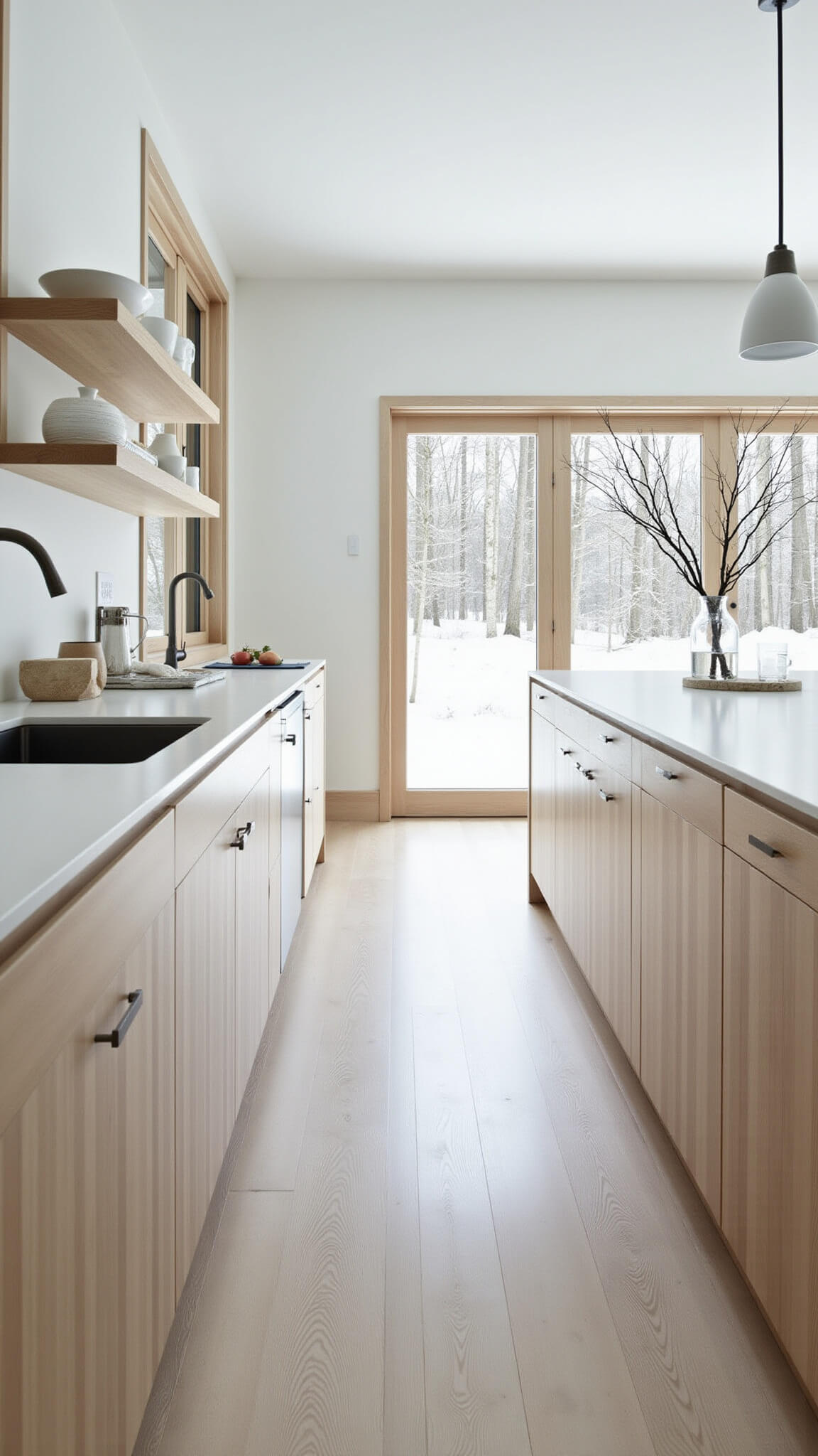 Nordic-style 13x15ft kitchen with white-washed Shaker cabinets, pale wood island and shelves, floor-to-ceiling windows showing snowy view, and minimal decor in bright natural light.