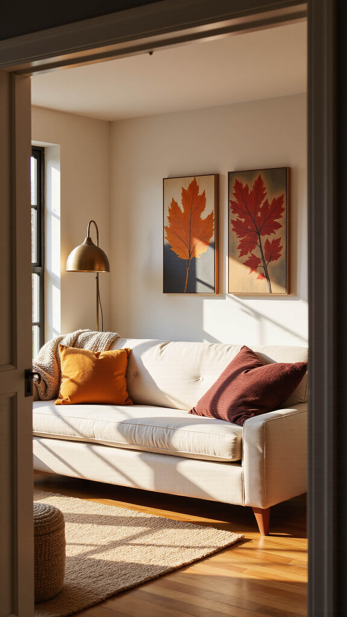 Cozy 15x20ft living room bathed in golden hour light, with autumn-themed canvas art above a cream sofa, textured decor, and warm hardwood floors.