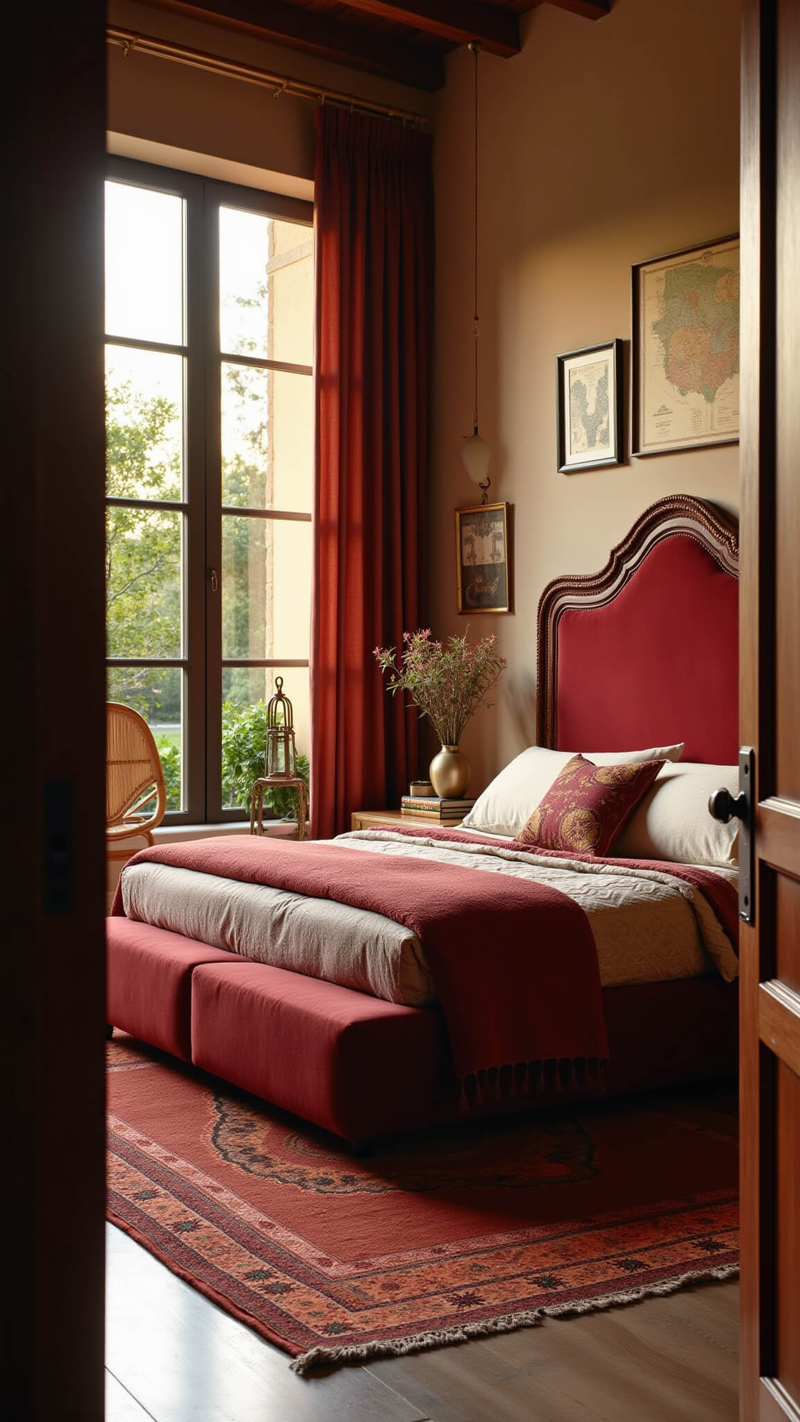 Warm-toned bedroom with carved ruby velvet king bed, Moroccan rugs, lush plants, and vintage decor, sunlit through floor-to-ceiling windows.