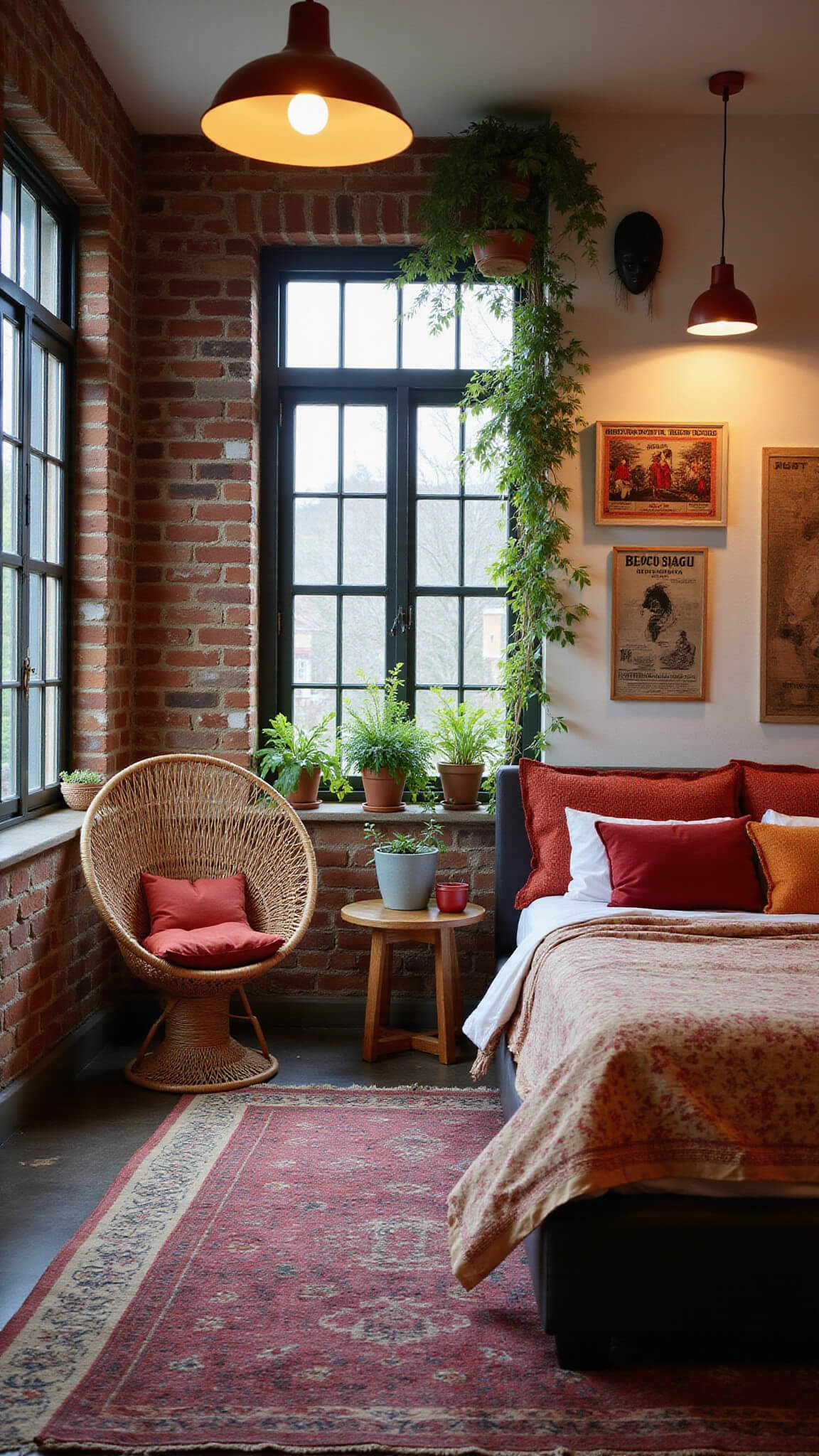 Wide shot of cozy 13x15ft bedroom with warm white brick walls, red clay pendant lights, a platform bed with red-orange woven headboard, rattan peacock chair with ruby cushions, hanging greenery, tribal rugs, and a gallery wall of vintage travel posters and masks during blue hour lighting.