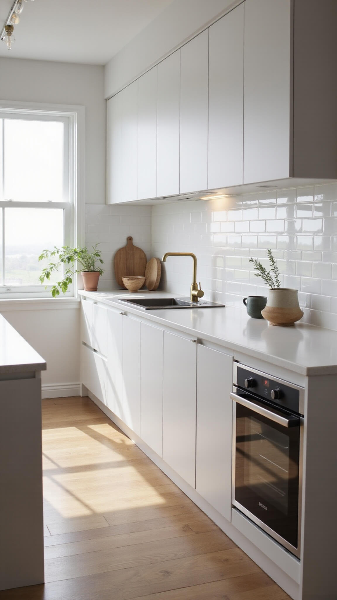 Minimalist 8x10ft kitchen with white cabinets, quartz countertops, brass accents, and morning light streaming through a large window.
