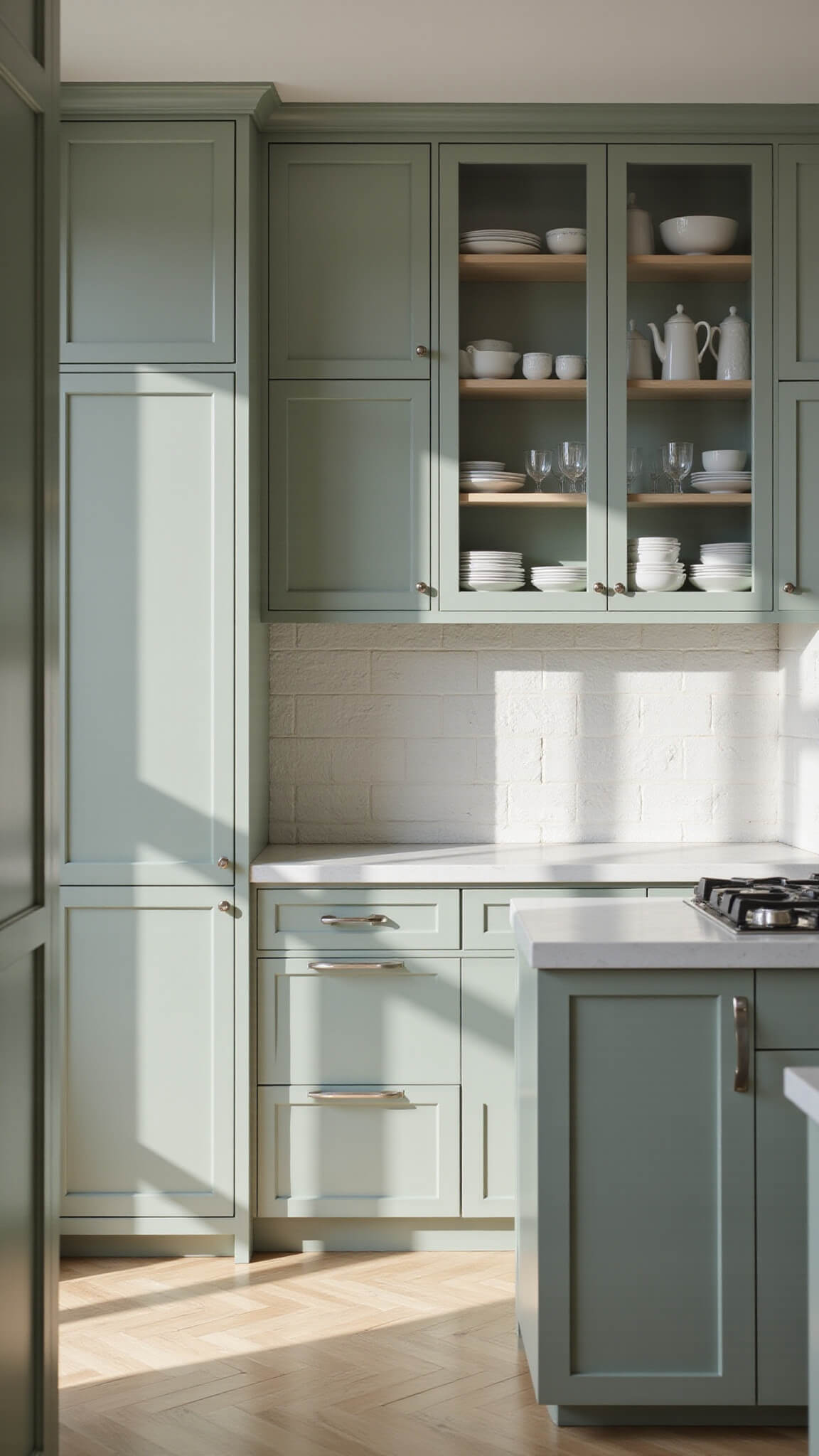 Low-angle view of sage green floor-to-ceiling kitchen cabinets with integrated pulls, pull-out pantry units, and glass-front uppers displaying white dinnerware, lit by late afternoon sun.