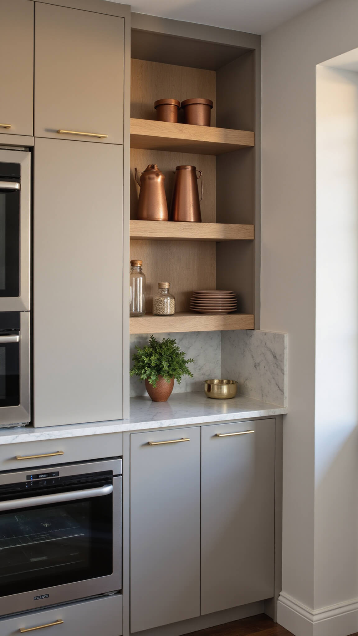 Corner view of modern compact kitchen with greige cabinetry, smart built-in appliances, porcelain marble-effect countertops, and floating oak shelves displaying copper accents.