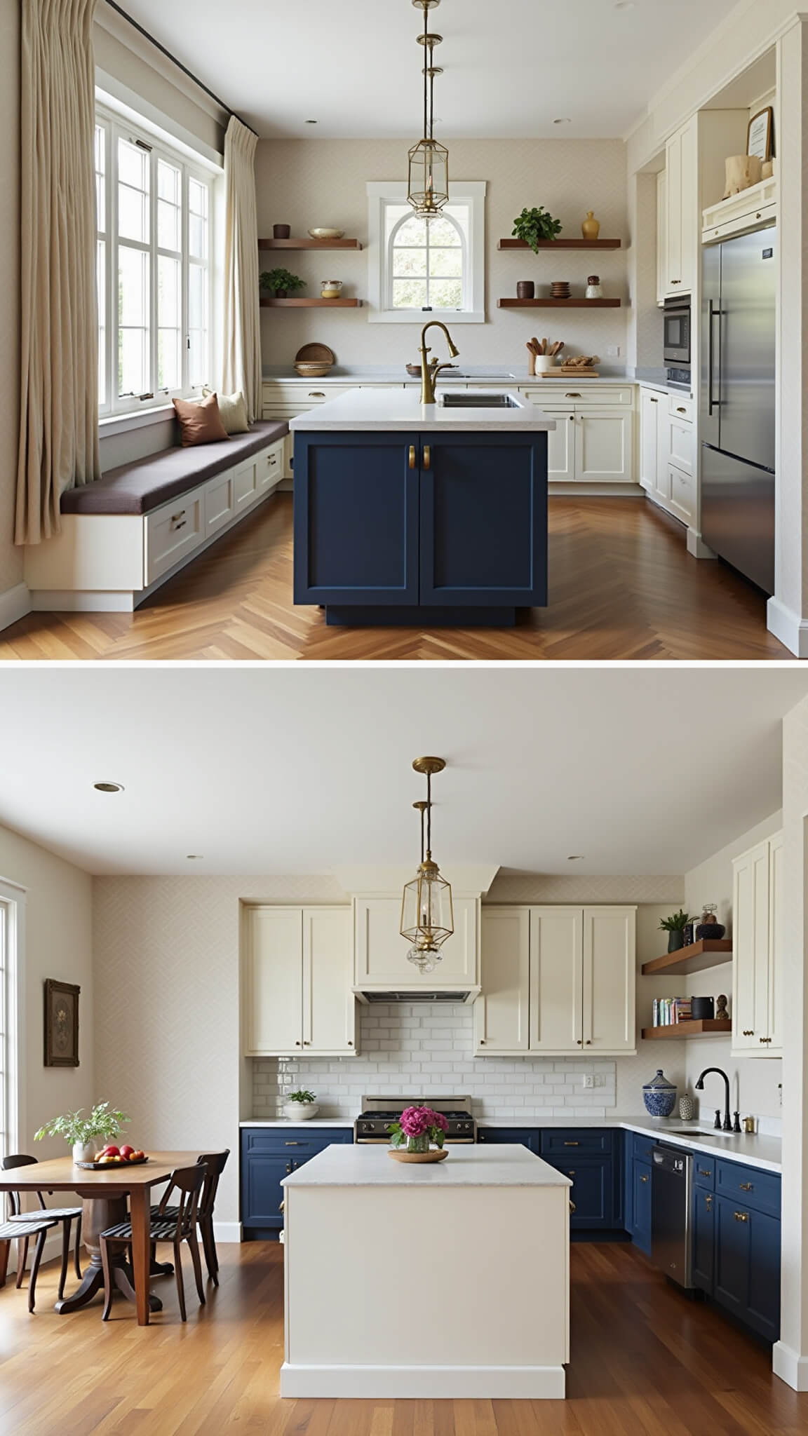 Overhead drone view of L-shaped kitchen with cream cabinets, navy island, brass fixtures, grasscloth wallpaper, and herringbone oak floors.