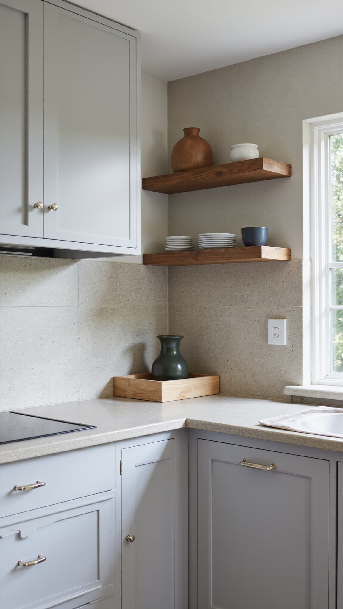 Eye-level view of a light gray rotating corner cabinet with mirror backsplash, concrete countertops, oak shelves, and artisanal ceramics in soft morning light.