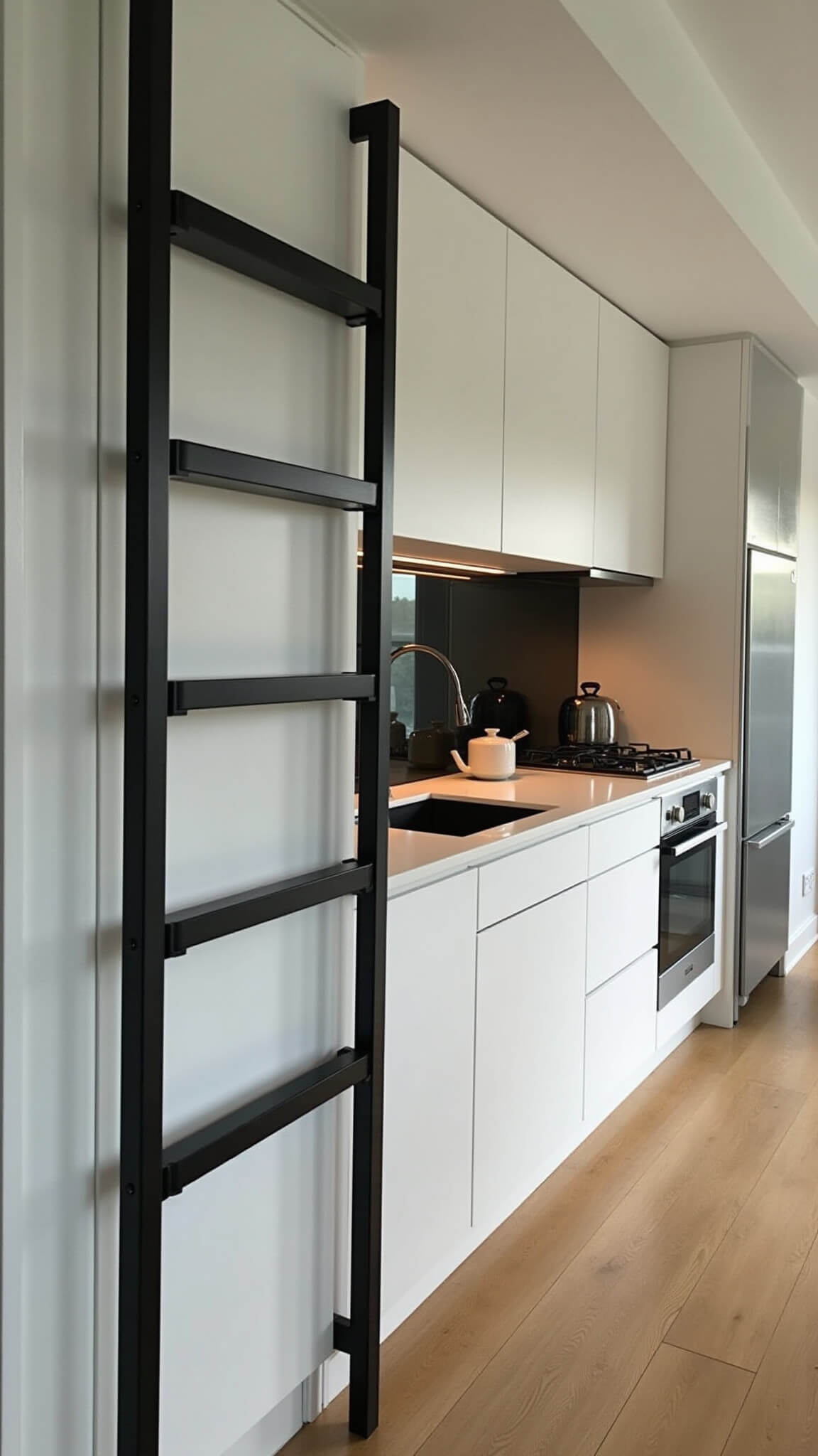 Wide-angle view of a compact kitchen with 10ft white floor-to-ceiling cabinets, matte black ladder, smoky mirror backsplash, and cascading smoked glass pendant lights.