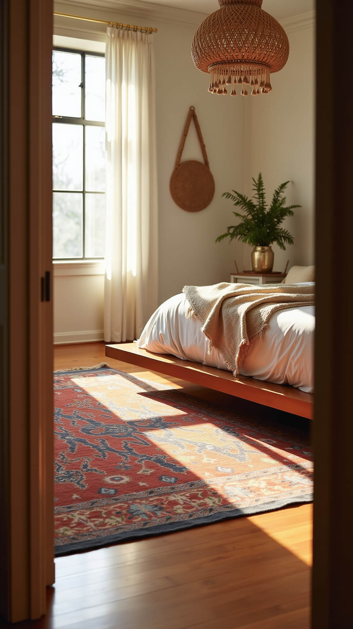 Boho bedroom with sunlit Moroccan rug, platform bed, layered jute rug, brass accents, and macramé decor, viewed from doorway at golden hour.