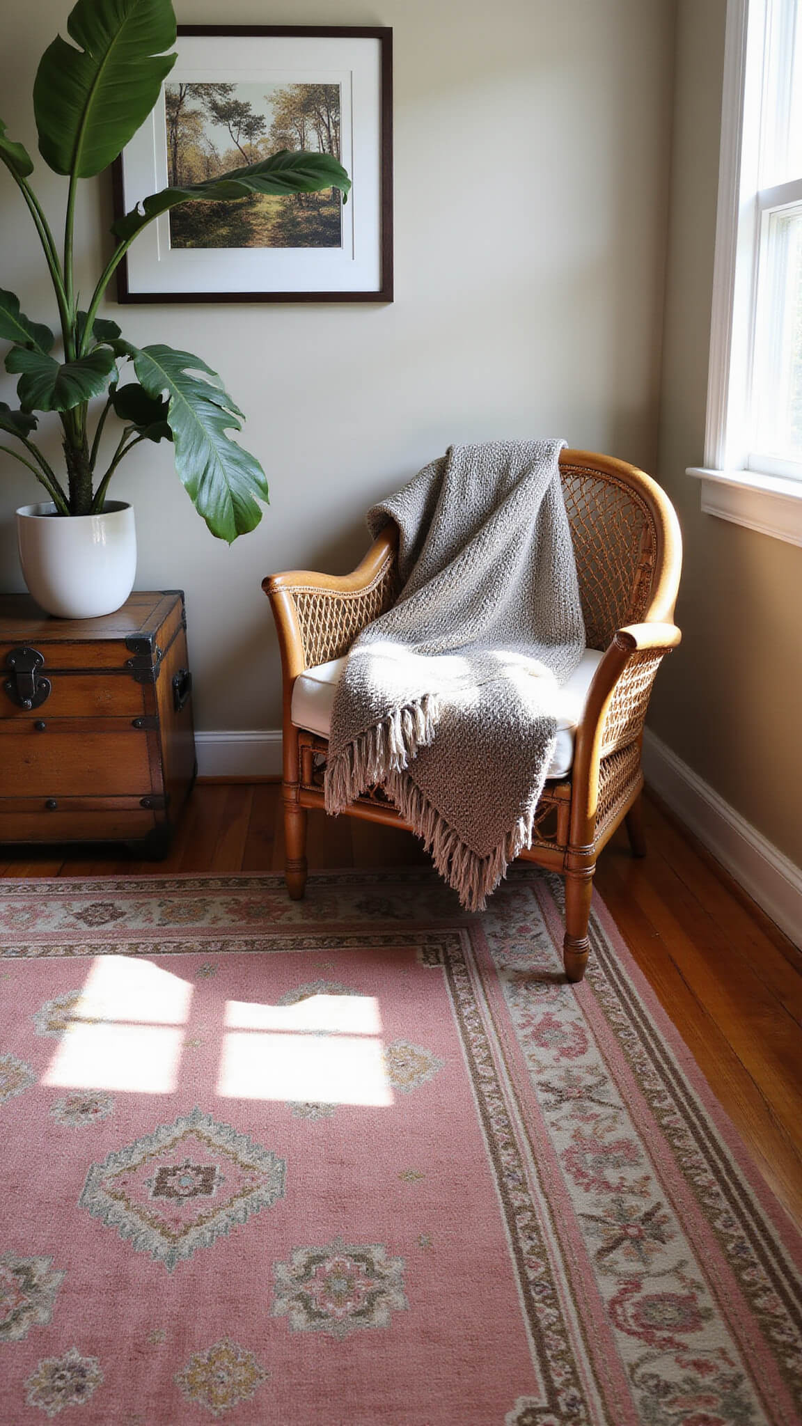 Cozy bedroom corner with tribal rug in dusty rose and olive green, rattan chair with knit throw, monstera plant, vintage trunk side table, and dramatic afternoon light.