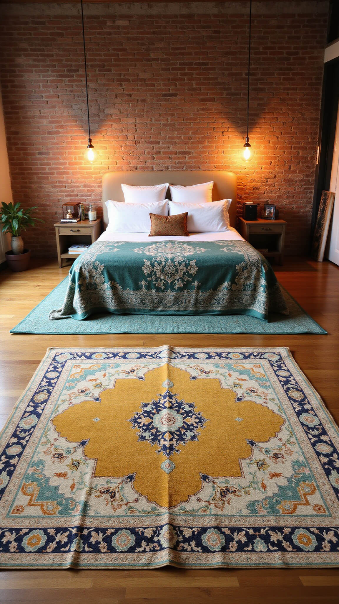Spacious 16x18ft bedroom with exposed brick wall, asymmetrical overlapping mustard yellow and forest green Persian rugs, queen bed centered, and warm copper pendant lighting captured from elevated angle.
