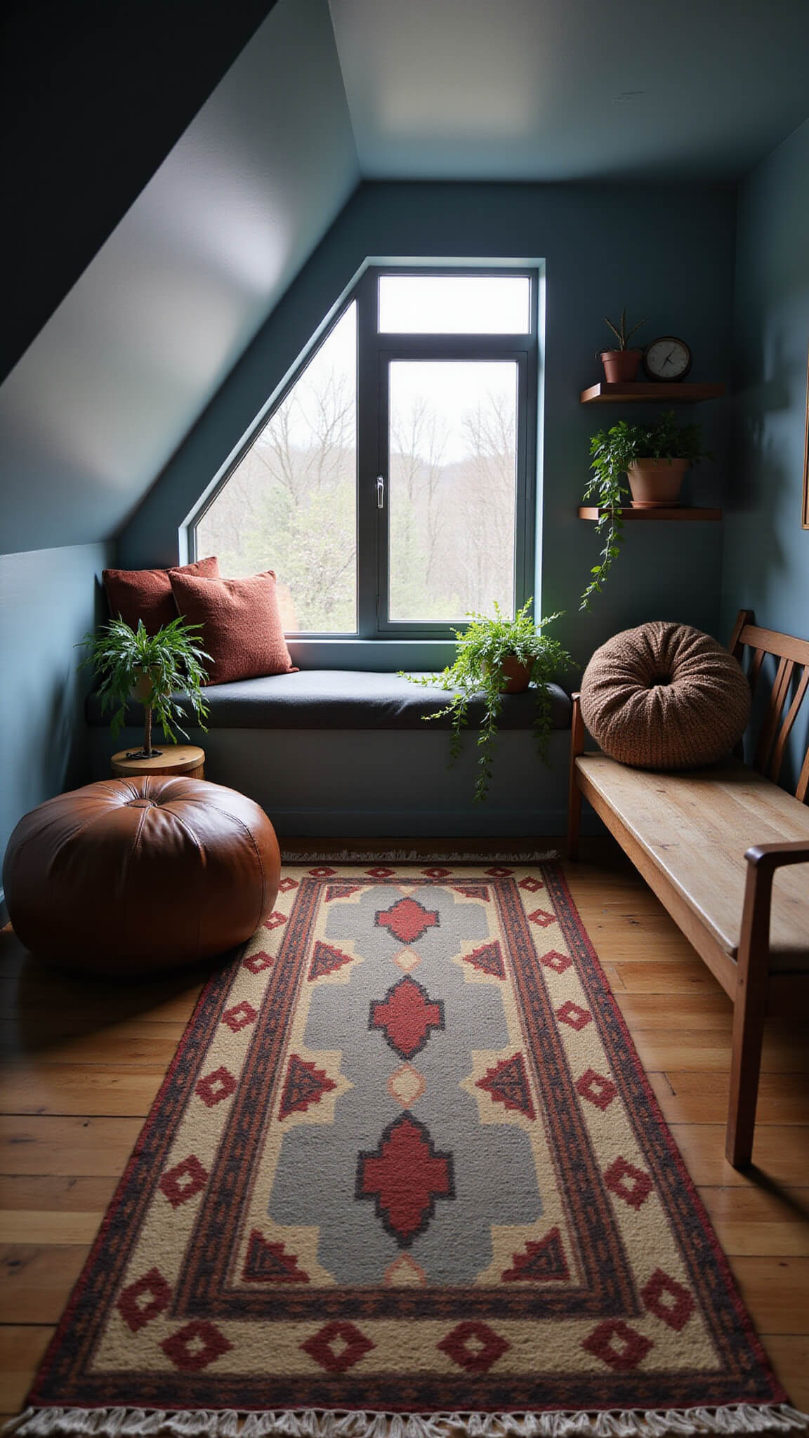 Cozy bedroom alcove with slanted ceiling, kilim runner rug, Moroccan pouf, window seat, floating shelves with plants, and moody early morning light.