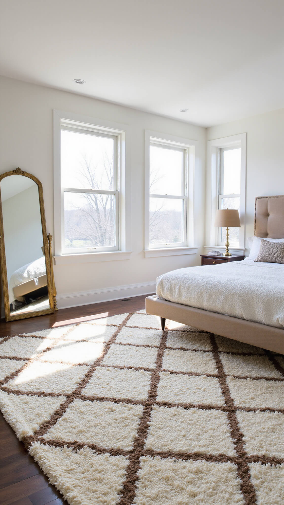 Modern 15x15ft bedroom with large cream and brown diamond shag rug, platform bed, brass floor mirror, and floor-to-ceiling windows in natural afternoon light.