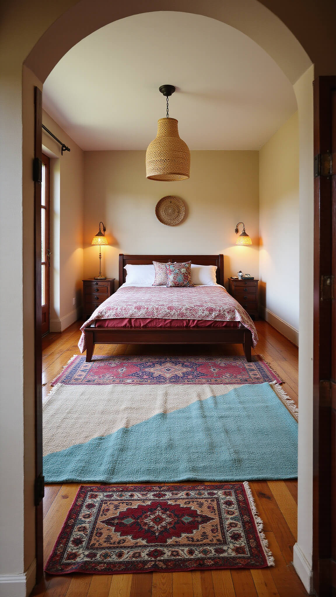 Bohemian 13x14ft bedroom with layered vintage rugs, rattan pendant lighting, and warm dusk ambiance seen from arched doorway.