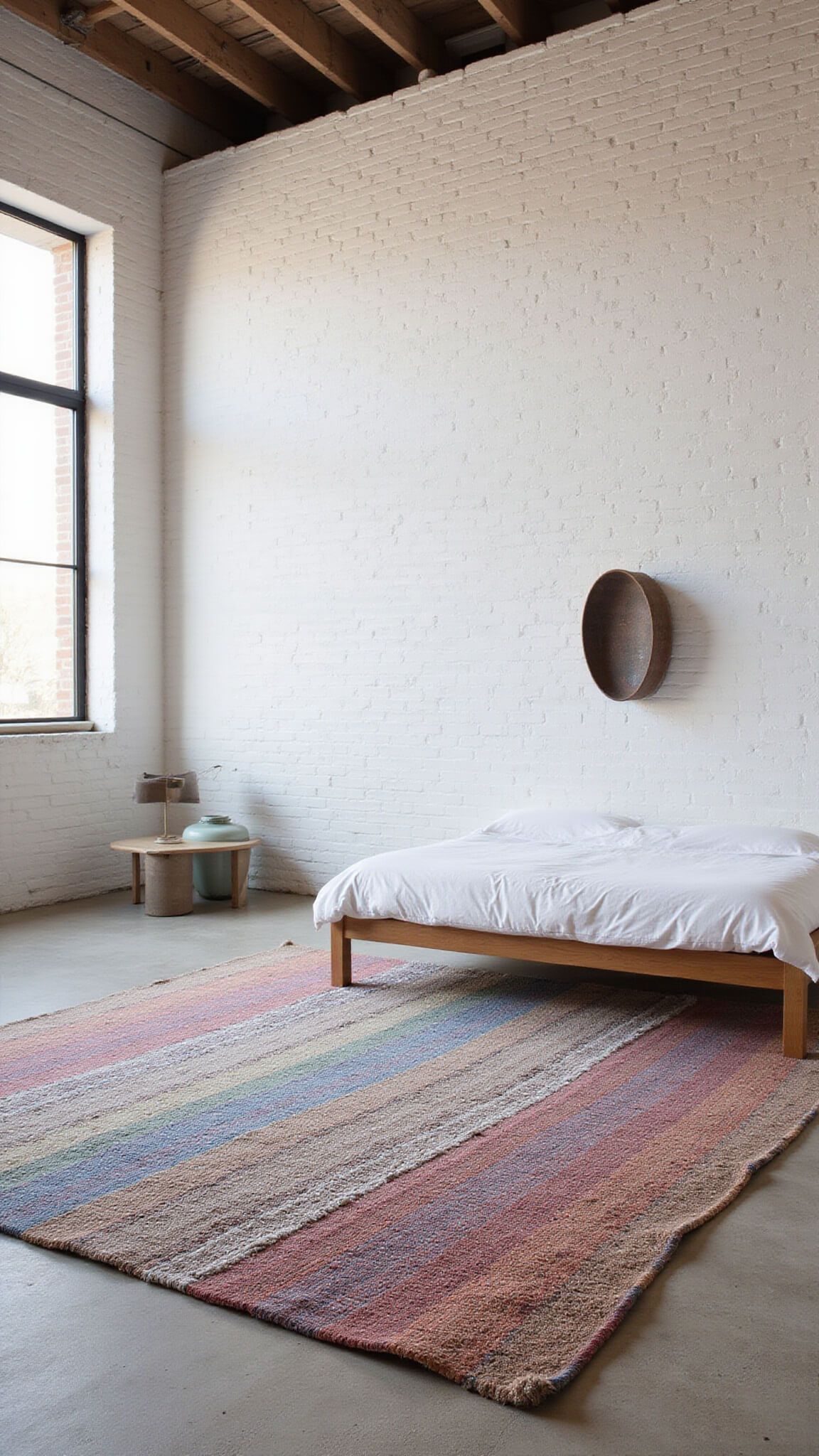 Minimalist 12x14ft bedroom with whitewashed brick walls, oversized textured wool rug in muted rainbow tones, low bed, large wall art, ceramic vessels, and morning light filtering through industrial windows.