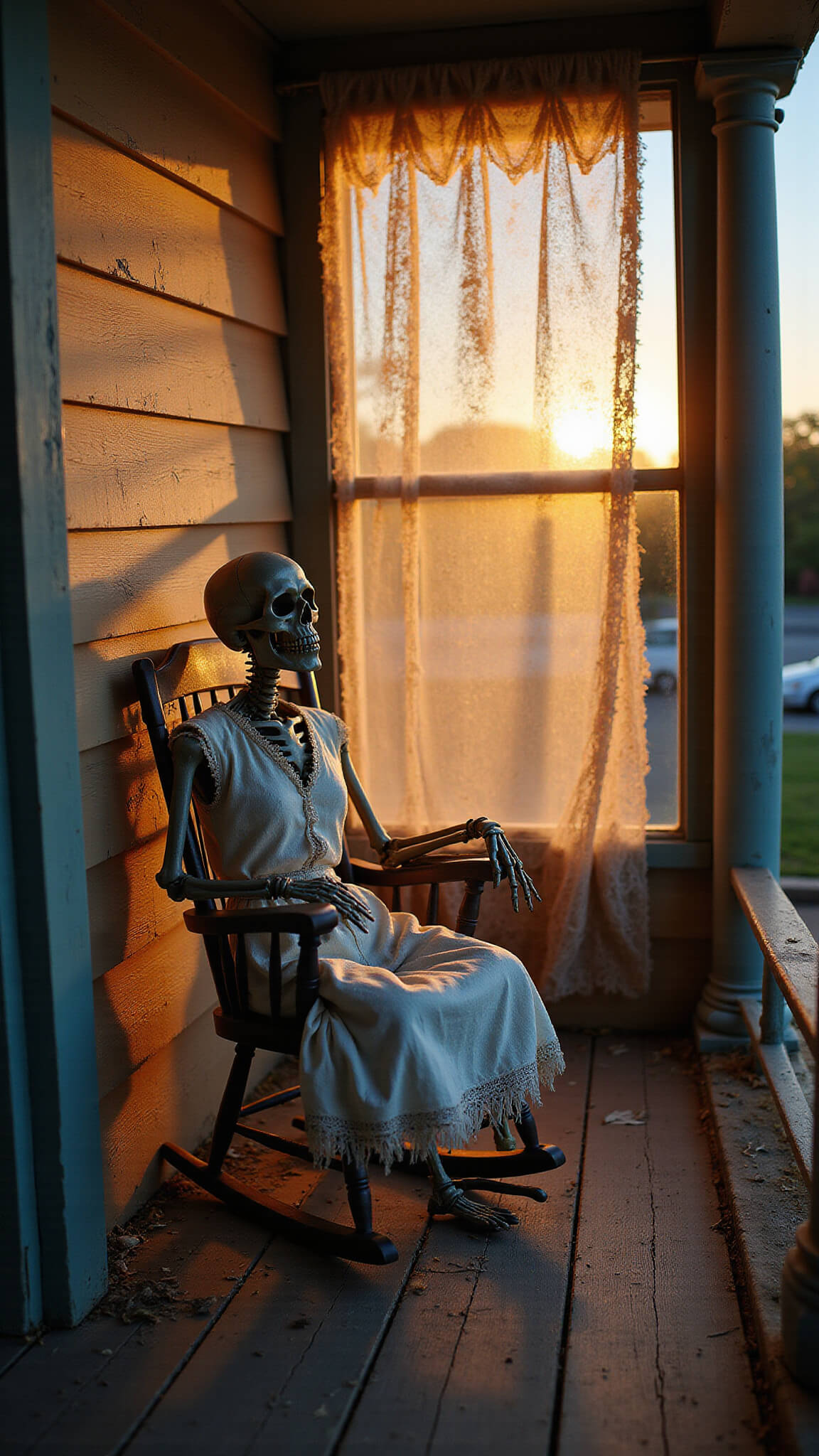 Life-sized skeleton in tattered Victorian dress sits in antique rocking chair on distressed porch corner, moonlight filtering through lace curtains highlights cobwebs and peeling paint, with warm amber uplighting casting dramatic shadows.