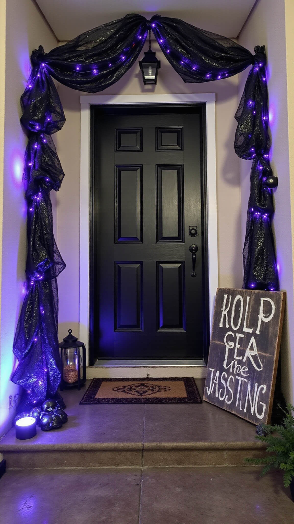 Budget-friendly gothic-themed entryway with black trash bag drapery forming an arch, purple LED lighting, metallic skull decorations, and DIY spooky wooden signs.