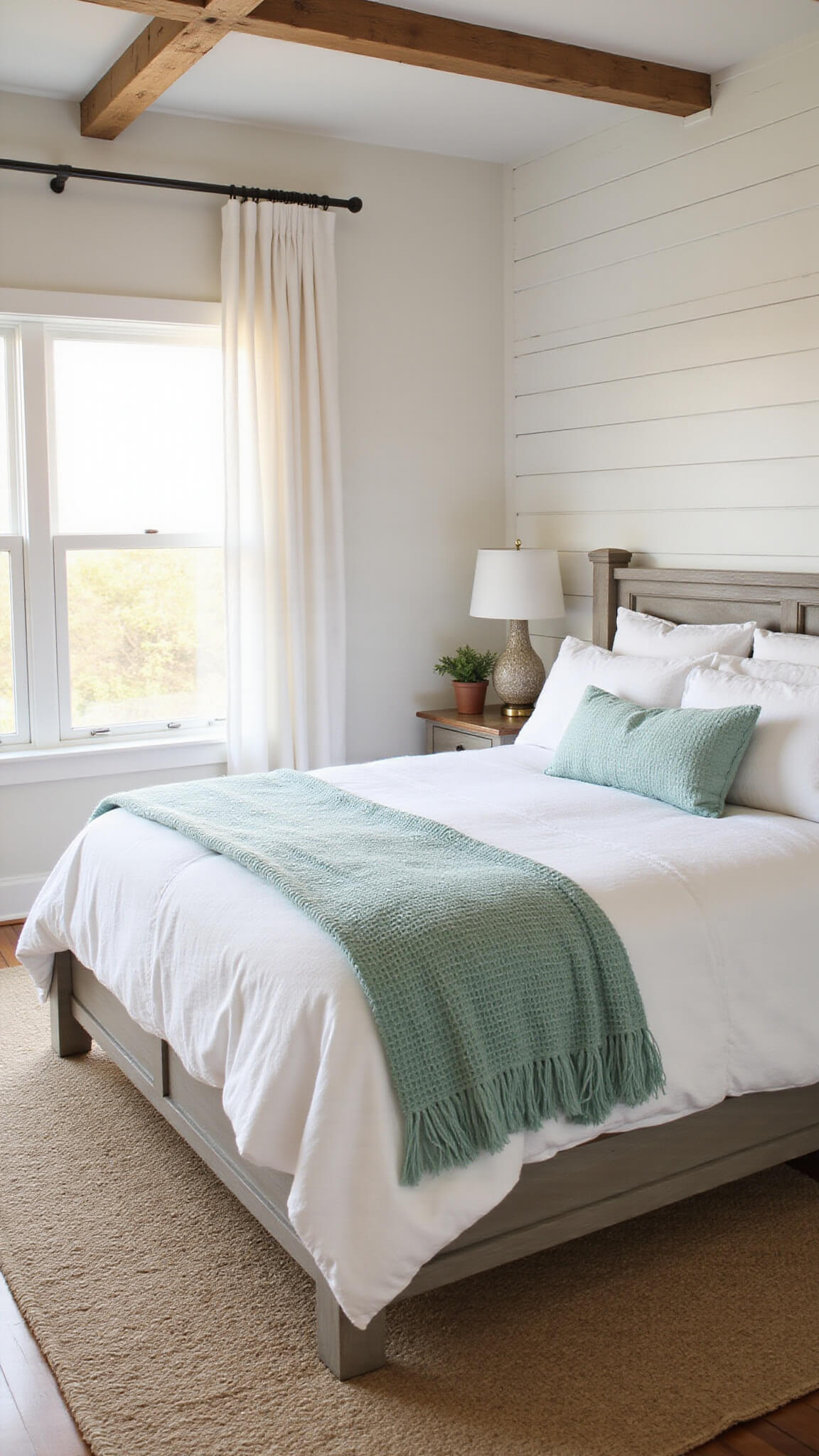 Coastal farmhouse master bedroom with sunlit white linens on a grey wooden bed, sea foam green blankets, shiplap walls, exposed beams, and jute rug at golden hour.