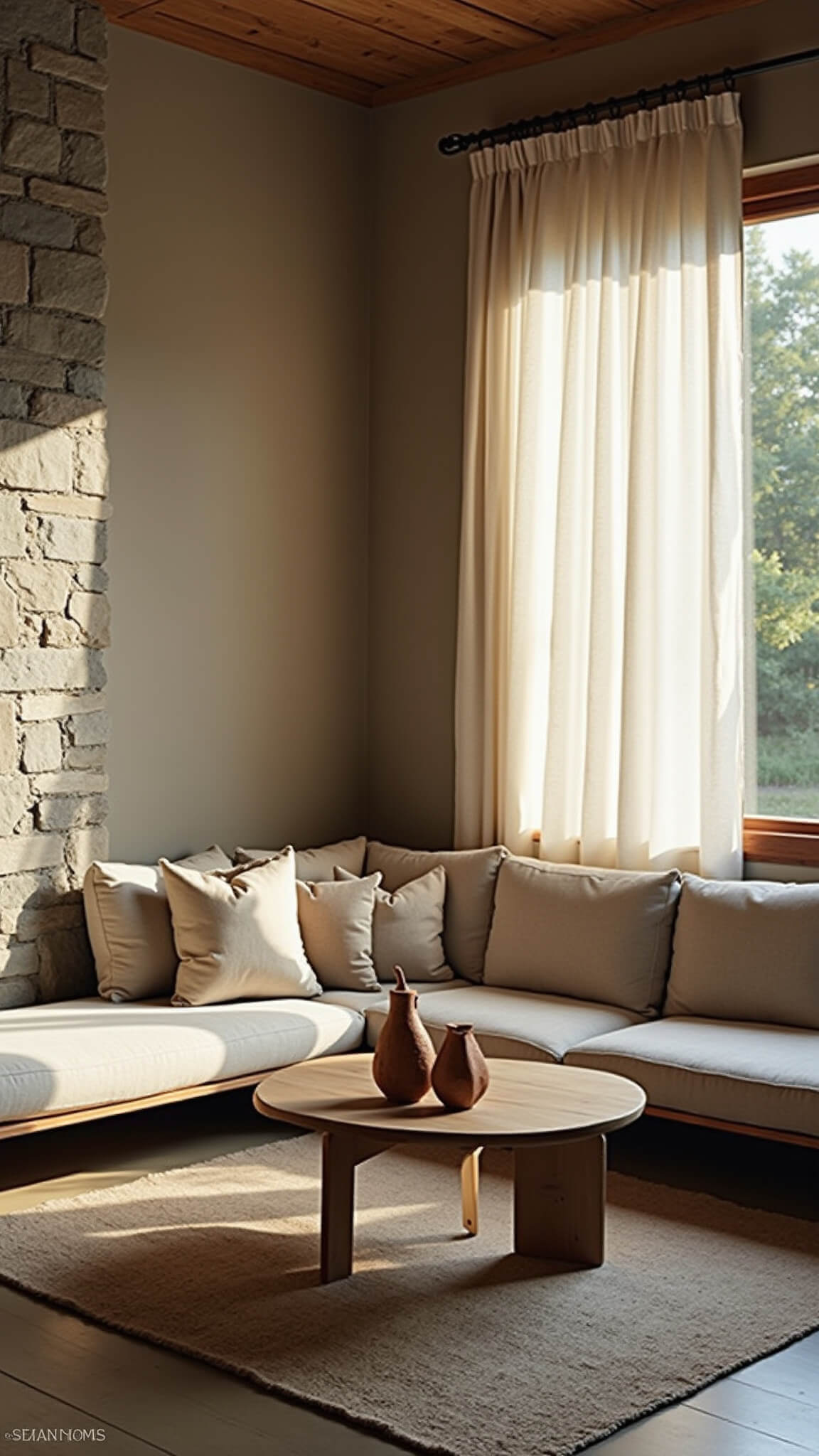 Sunlit Wabi Sabi living room with stone accent wall, handcrafted wooden coffee table, oak frame sofa with wool cushions, and clay pottery in warm grey and beige tones.